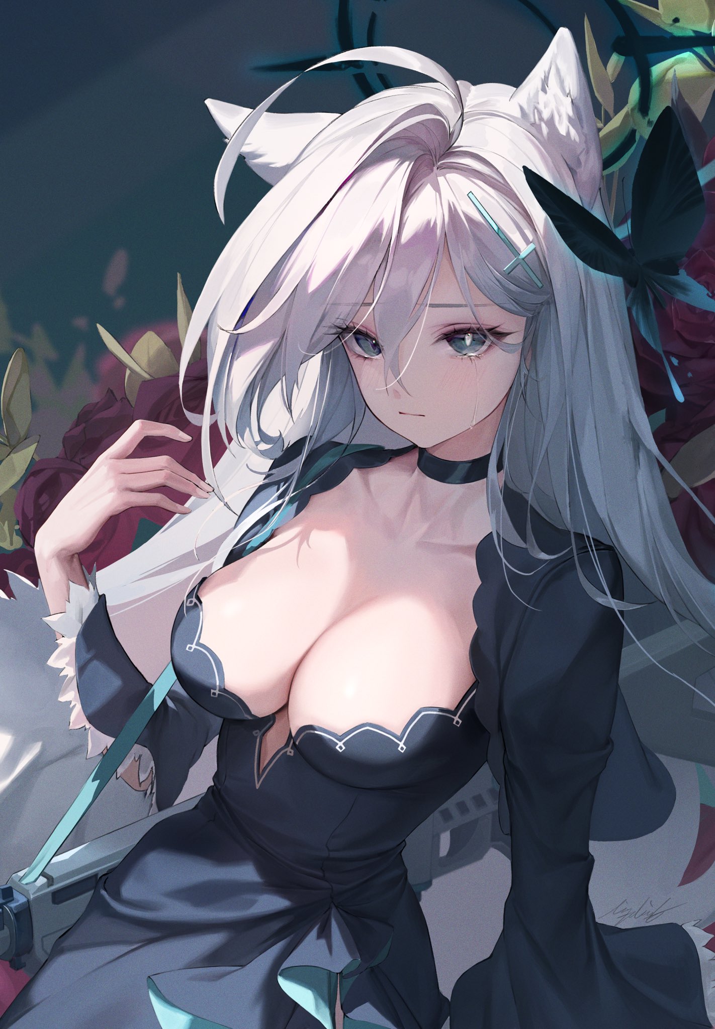 lizchief, shiroko terror (blue archive), blue archive, commentary, highres, symbol-only commentary, weapon request, 1girl, ahoge, animal ears, arm at side, black choker, black dress, black sleeves, breasts, bright pupils, choker, cleavage, closed mouth, cowboy shot, cross hair ornament, crying, crying with eyes open, detached sleeves, dress, eyelashes, fingernails, grey eyes, grey hair, gun, hair between eyes, hair ornament, hand up, large breasts, long bangs, long hair, looking at viewer, sad, signature, solo, streaming tears, tears, tears from one eye, weapon, white pupils