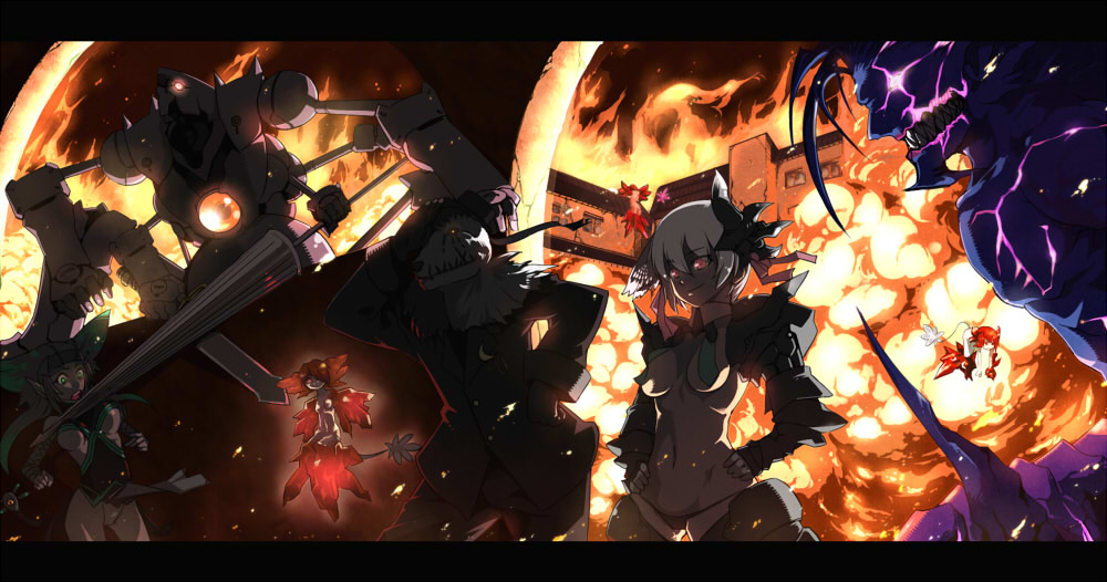 akinaie, 2girls, armor, breasts, building, everyone, fairy, fire, formal clothes, monster, multiple girls, suit, white hair