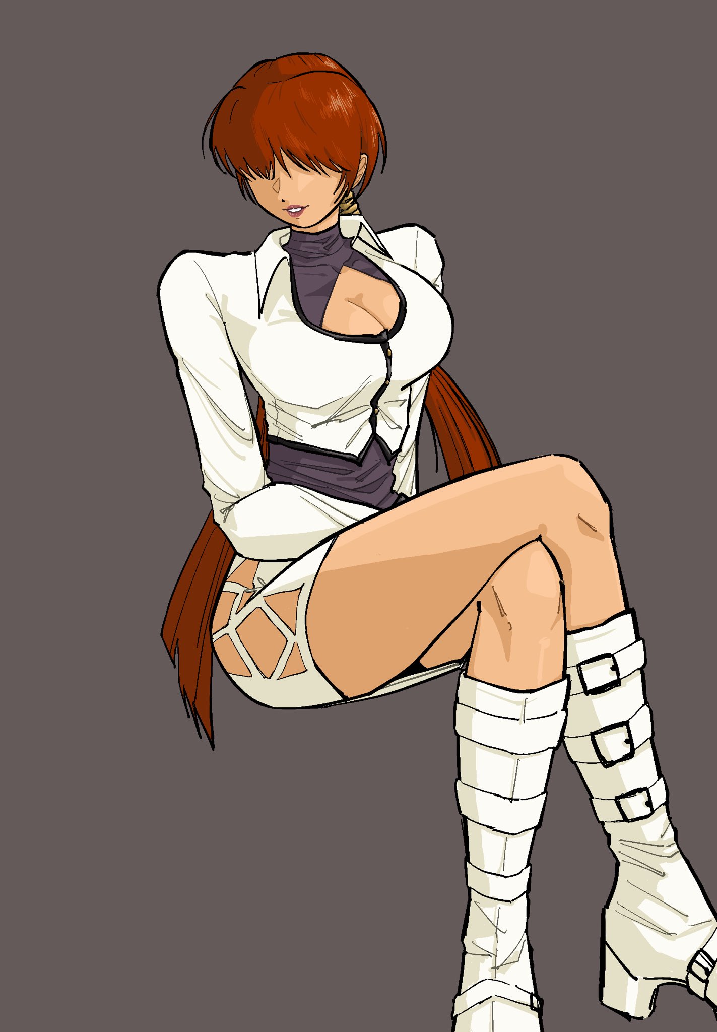 shermie (kof), the king of fighters, 1girl, boots, breasts, cleavage cutout, clothing cutout, curvy, dress, female focus, huge breasts, large breasts, long hair, ponytail, red hair, sitting, skirt, soaoaoaoaoad, twintails, wide hips