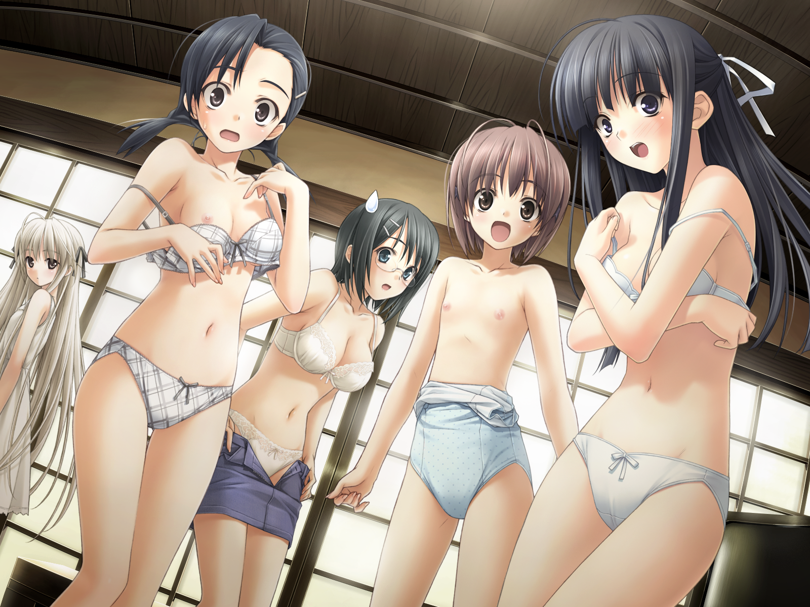 hashimoto takashi, suzuhira hiro, amatsume akira, kasugano sora, kuranaga kozue, migiwa kazuha, yorihime nao, haruka na sora, yosuga no sora, interior, game cg, highres, 5girls, antenna hair, blush, bow, bow bra, bow panties, bra, bra pull, breast slip, breasts, cleavage, clothes pull, covering breasts, covering privates, denim, embarrassed, flat chest, glasses, hair ornament, hair ribbon, hairclip, haruka no sora, indoors, lingerie, matching underwear, medium breasts, miniskirt, multiple girls, navel, nipples, one-piece swimsuit, one-piece swimsuit pull, one breast out, open fly, open mouth, panties, polka dot, polka dot swimsuit, pulling own clothes, ribbon, shorts, skirt, skirt pull, small breasts, sweatdrop, swimsuit, underwear, underwear only, undressing, unzipped