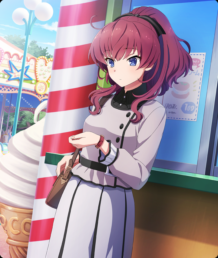 konohana suzuka, toji no miko, toji no miko: kizamishi issen no tomoshibi, game cg, official art, third-party source, 1girl, amusement park, bag, belt, black belt, black ribbon, blue eyes, blue sky, breasts, brown bag, buttons, carousel, cloud, day, dutch angle, food, grey shirt, grey skirt, hair ribbon, handbag, high ponytail, ice cream, ice cream cone, ice cream sandwich, lamppost, long skirt, long sleeves, looking at watch, medium breasts, outdoors, ponytail, red hair, ribbon, shirt, sidelocks, sign, skirt, sky, solo, storefront, striped ribbon, watch, window, wristwatch