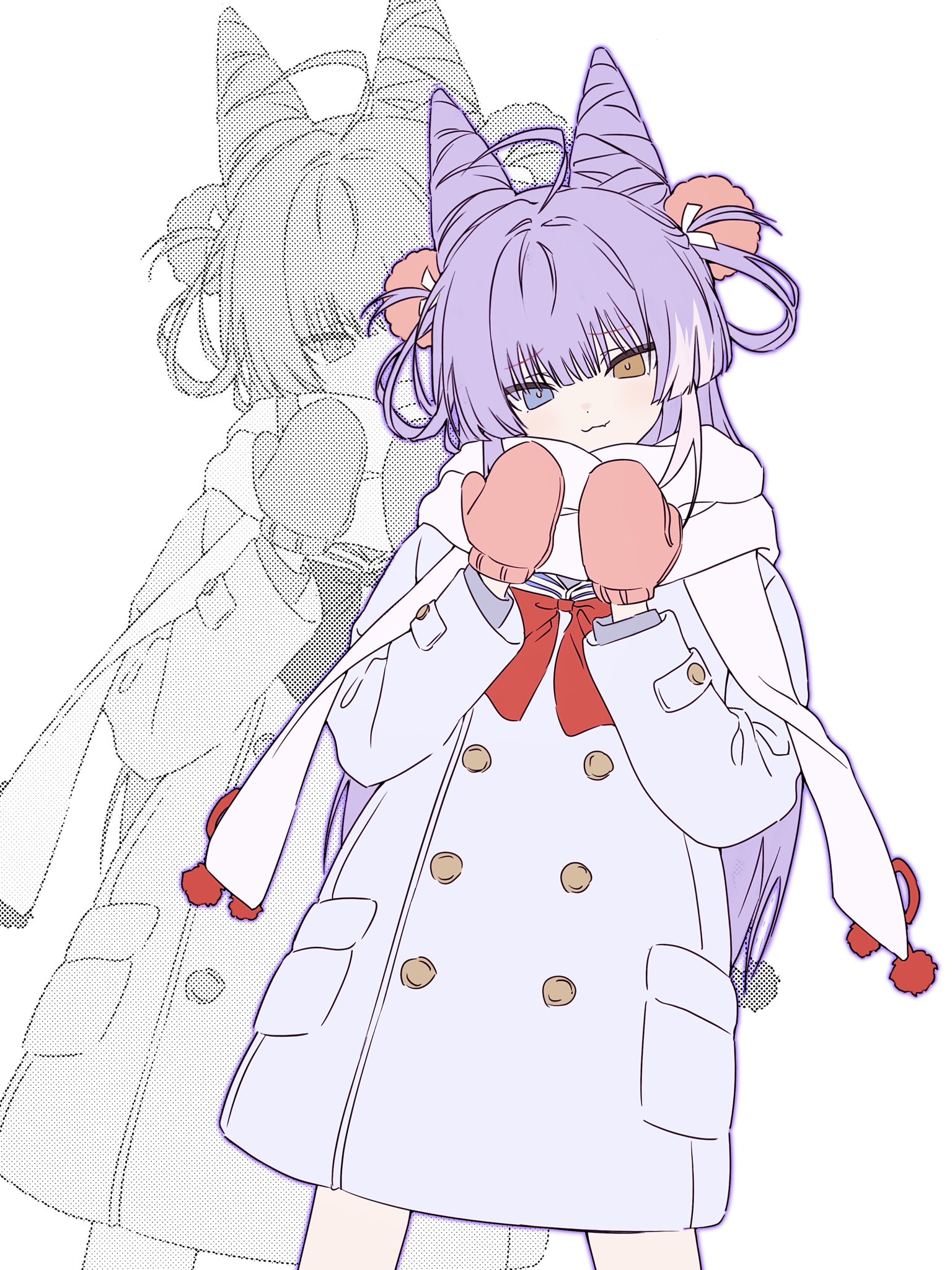 tenko shibuki, stellive, commentary, highres, symbol-only commentary, 1girl, :3, blue eyes, bow, brown eyes, buttons, closed mouth, coat, cone hair bun, cowboy shot, dithering, double bun, hair bun, hair ornament, hair rings, hands up, heterochromia, layered sleeves, legs apart, long sleeves, looking at viewer, mittens, multicolored hair, nxsoa1, pom pom (clothes), pom pom hair ornament, purple hair, raincoat, raised inner eyebrows, red bow, scarf, solo, standing, streaked hair, virtual youtuber, white background, white coat, white scarf, wispy bangs, zoom layer