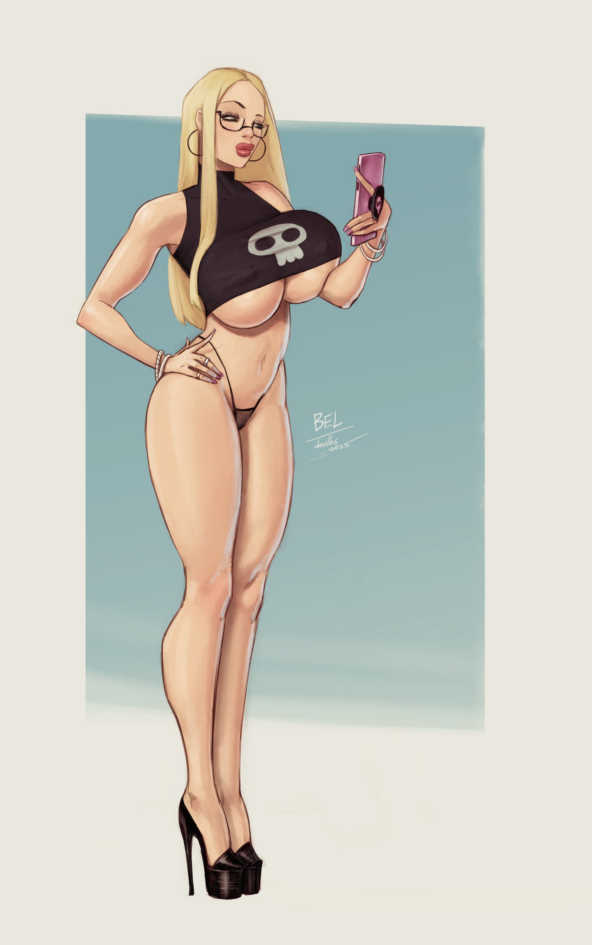 devilhs, original, absurdres, highres, 1girl, bel (belmeatart), black panties, black shirt, black shoes, breasts, cellphone, crop top, earrings, full body, glasses, hand on own hip, high heels, holding, holding phone, hoop earrings, huge breasts, jewelry, long hair, navel, panties, phone, shirt, shoes, signature, sleeveless, sleeveless shirt, smartphone, solo, underboob, underwear