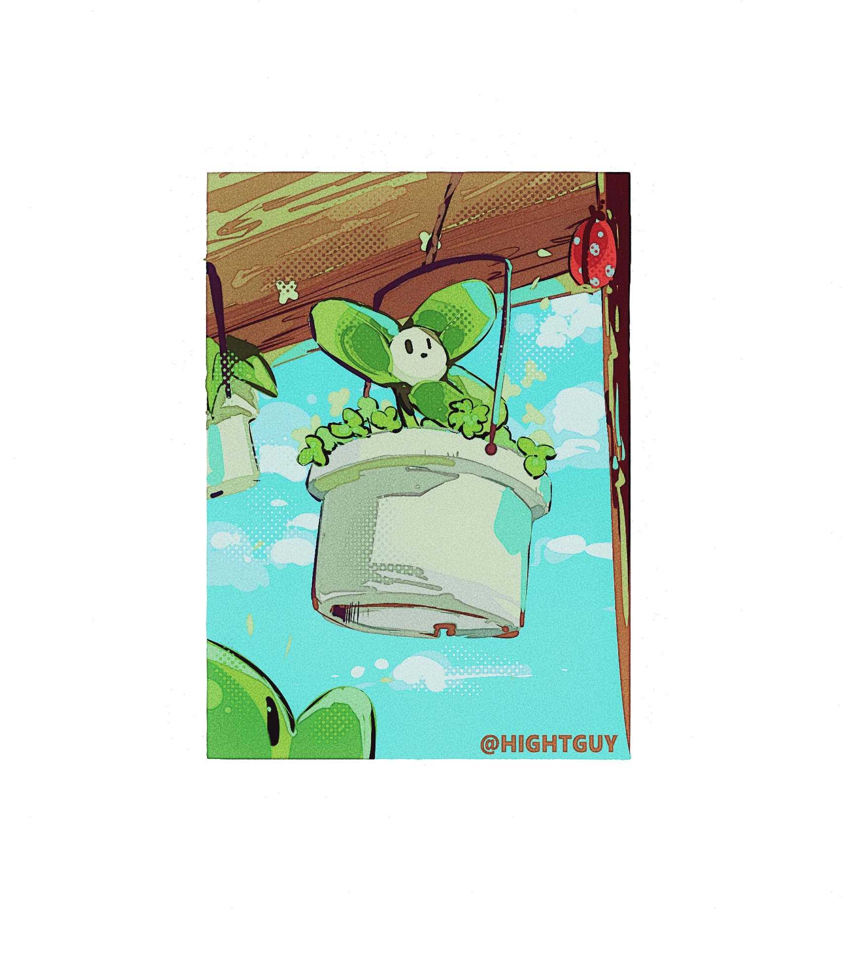 hightguy, blover (plants vs. zombies), peashooter (plants vs. zombies), plants vs. zombies, chinese commentary, commentary request, highres, :o, artist name, black eyes, blue sky, border, clover, day, film grain, from below, halftone, halftone background, hanging plant, looking ahead, looking at another, no humans, notice lines, outdoors, outside border, parted lips, plant, plant focus, potted plant, simple background, sky, solid oval eyes, solo focus, white border