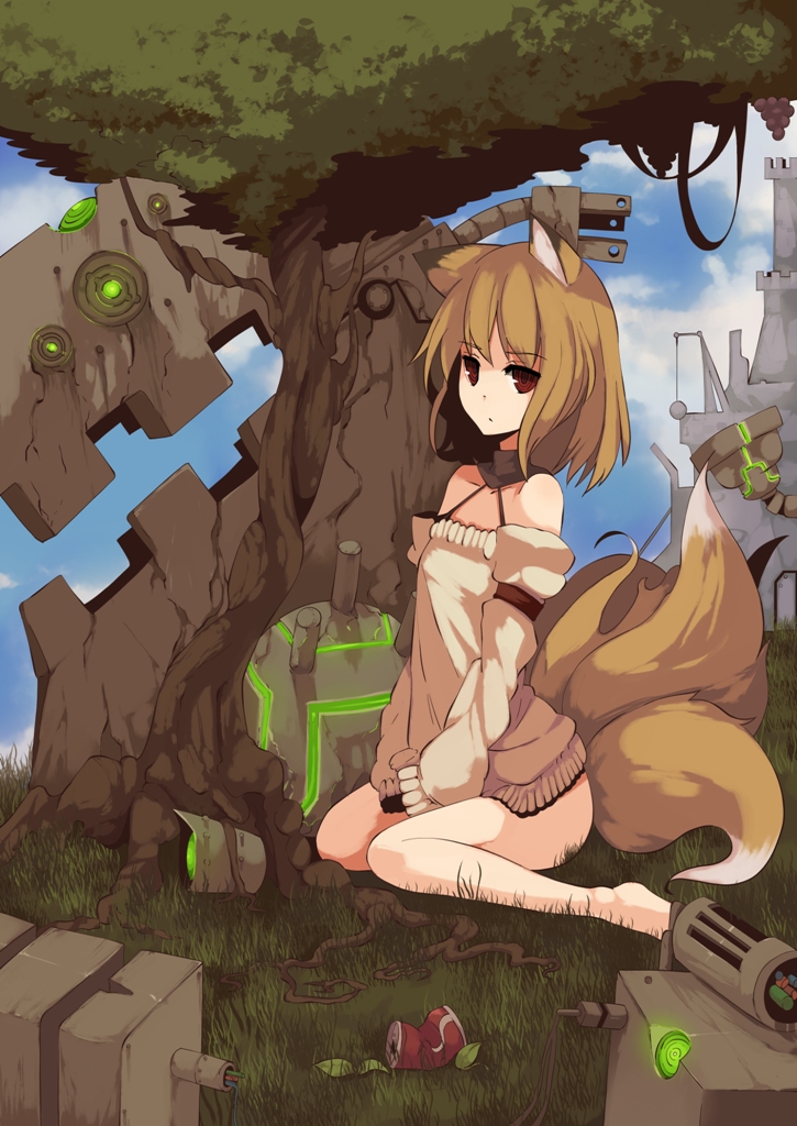 fuurin (omaemona), original, bad id, bad pixiv id, 1girl, animal ears, barefoot, female focus, flat chest, fox ears, fox tail, multiple tails, nature, outdoors, sky, solo, tail
