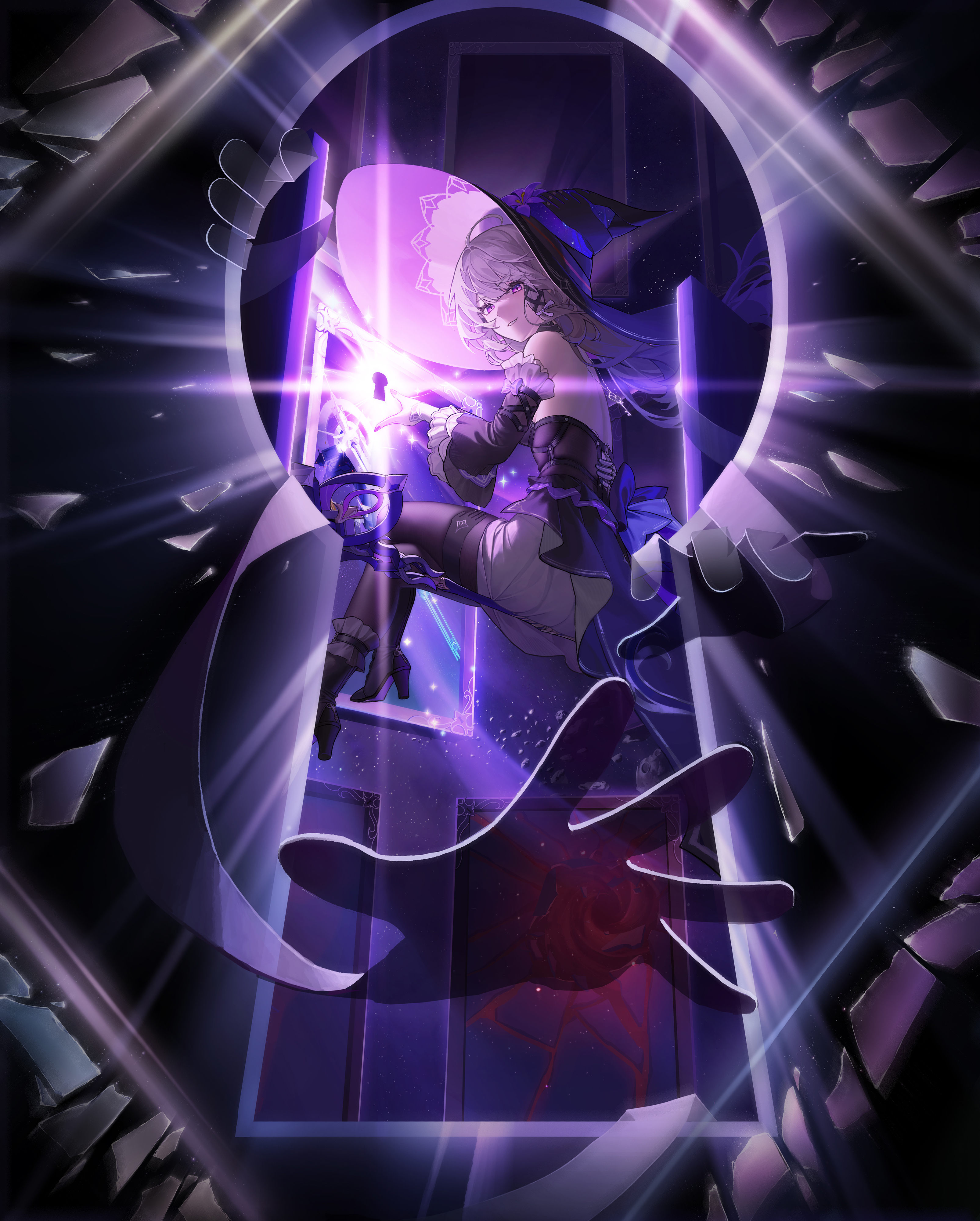 tem, herta (honkai: star rail), the herta (honkai: star rail), honkai: star rail, honkai (series), absurdres, commentary, english commentary, highres, 1girl, bare shoulders, boots, brown hair, detached sleeves, dress, glowing, hat, high heel boots, high heels, keyhole, long hair, looking at viewer, mirror, pantyhose, purple eyes, reaching, reaching towards viewer, shards, sitting, smile, star (sky), very long hair, witch hat