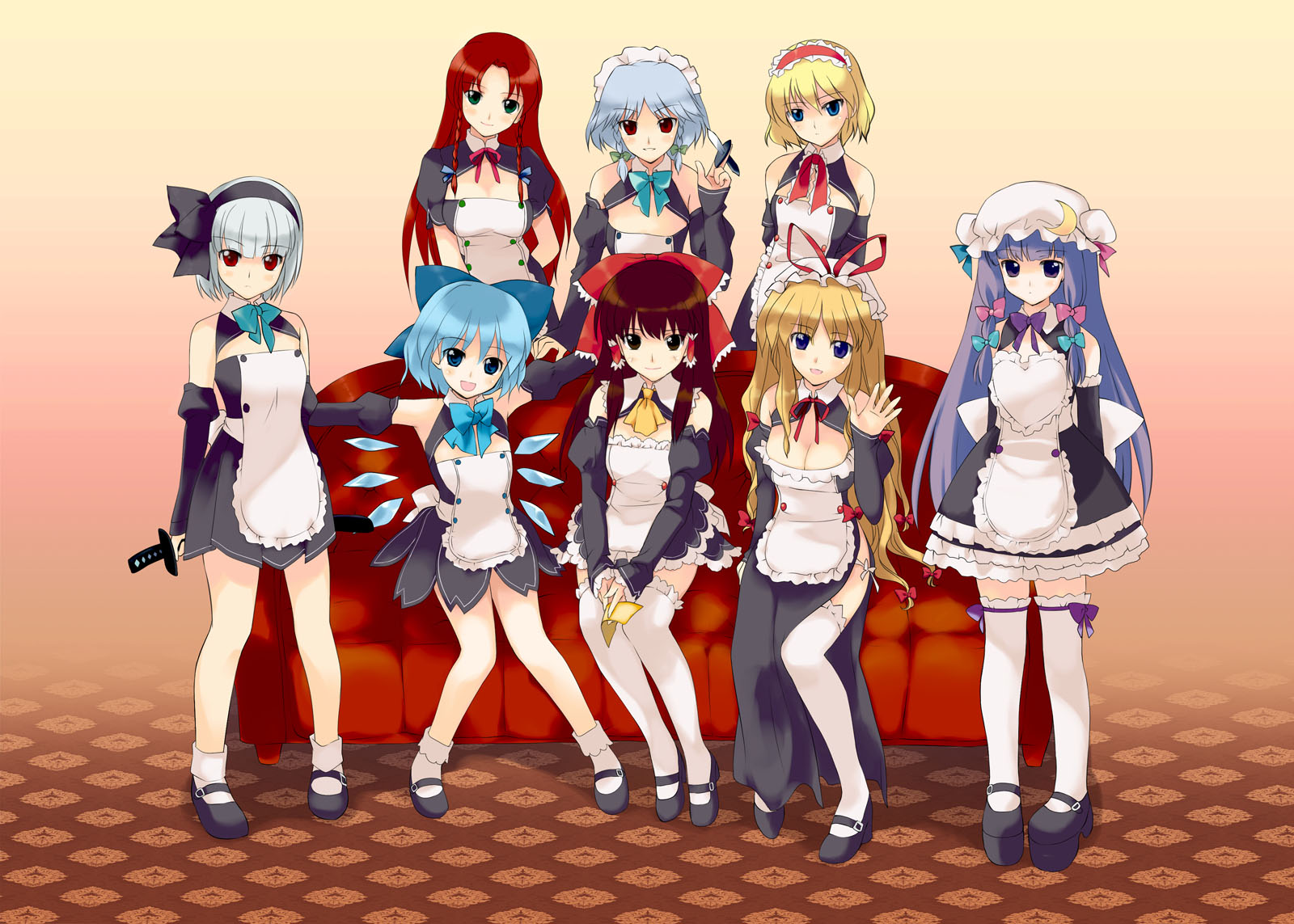 rei (artist), rei (rei's room), airi (dream c club), alice margatroid, amane (dream c club), cirno, futaba riho, hakurei reimu, hong meiling, ili (dream c club), izayoi sakuya, konpaku youmu, mari (dream c club), mian (dream c club), mio (dream c club), nao (dream c club), patchouli knowledge, reika (dream c club), rui (dream c club), setsu (dream c club), yakumo yukari, amagami, dream c club, dream c club (series), embodiment of scarlet devil, touhou, highres, jpeg artifacts, 6+girls, airi (dream c club) (cosplay), alternate costume, amane (dream c club) (cosplay), apron, blonde hair, blue hair, bow, brown hair, cosplay, futaba riho (cosplay), grey hair, hat, ili (dream c club) (cosplay), maid, maid apron, mari (dream c club) (cosplay), mian (dream c club) (cosplay), mio (dream c club) (cosplay), multiple girls, nao (dream c club) (cosplay), purple hair, reika (dream c club) (cosplay), rui (dream c club) (cosplay), setsu (dream c club) (cosplay), setu (dream c club) (cosplay), sitting, thighhighs