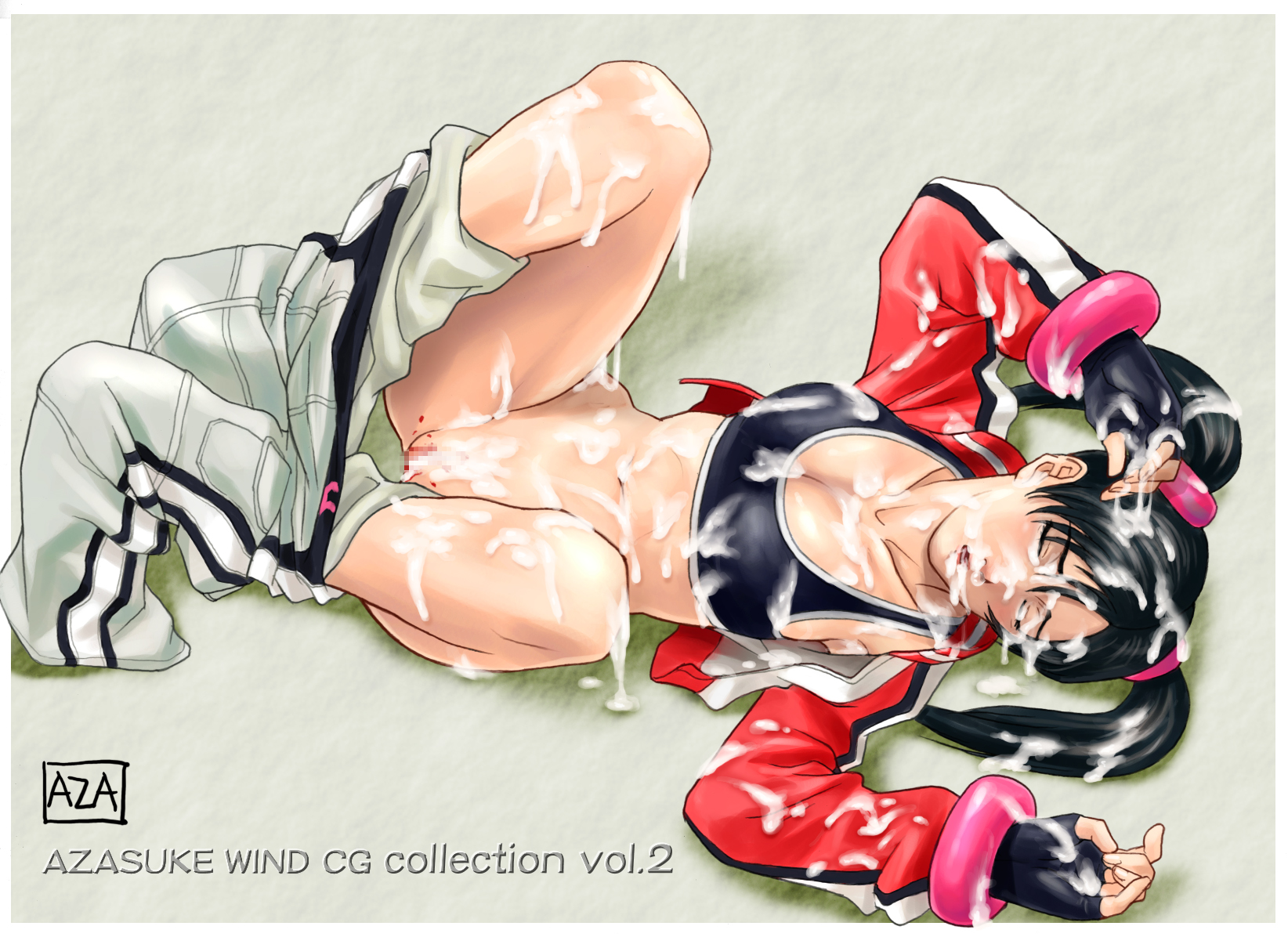 azasuke, ling xiaoyu, tekken, highres, bikini, bikini top only, black hair, blush, brown eyes, censored, clothes pull, no panties, pants, pants pull, pussy, swimsuit, twintails