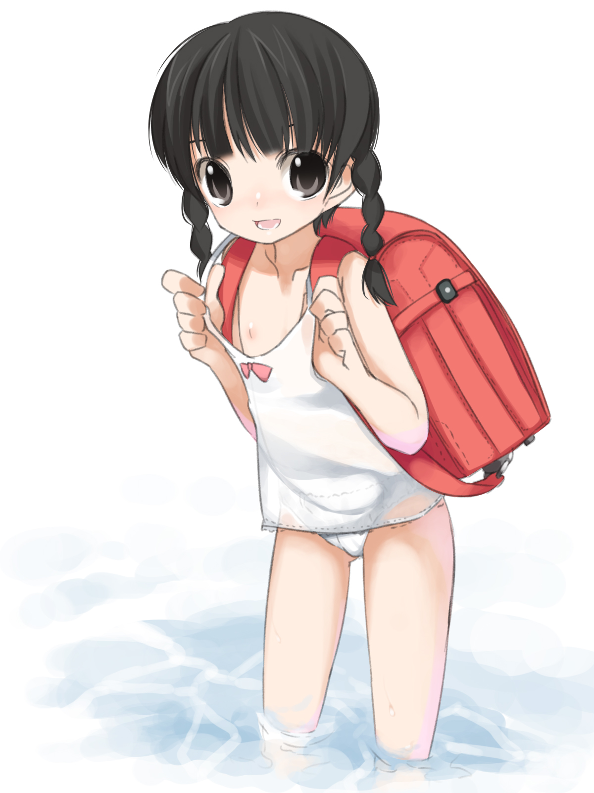 shouji ayumu, original, highres, 1girl, backpack, bag, black hair, braid, female focus, loli, no bra, panties, randoseru, see-through clothes, solo, standing, twin braids, underwear, water
