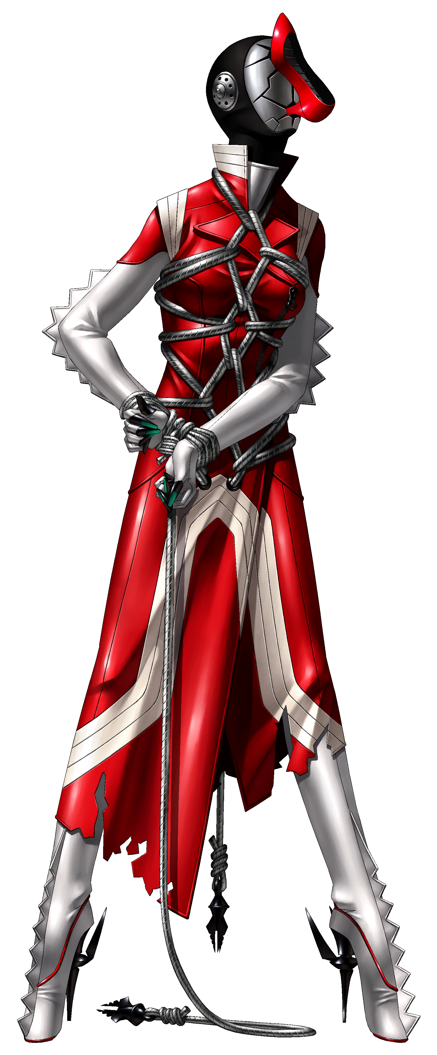 kazuma kaneko, callisto (persona 2), persona, persona 2, persona 2 batsu, absurdres, highres, official art, third-party source, 1girl, bdsm, bondage, bound, bound wrists, dress, elbow gloves, full body, gag, gagged, gimp mask, gloves, high heels, mask, persona (summon), rope, shibari, shibari over clothes, shoes, short sleeves, simple background, solo, standing, torn clothes, transparent background