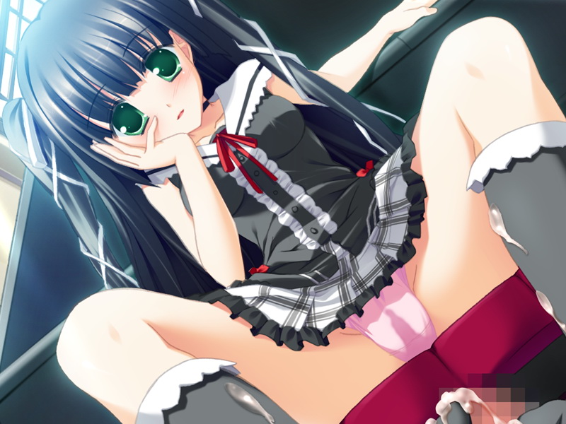 sakaki maki, kugenuma ayane, minna no uta, minna no uta ~everyone's song~, plaid, game cg, 1girl, black hair, blush, cum, feet, footjob, footjob with legwear, green eyes, long hair, panties, penis, solo, twintails, underwear, upskirt