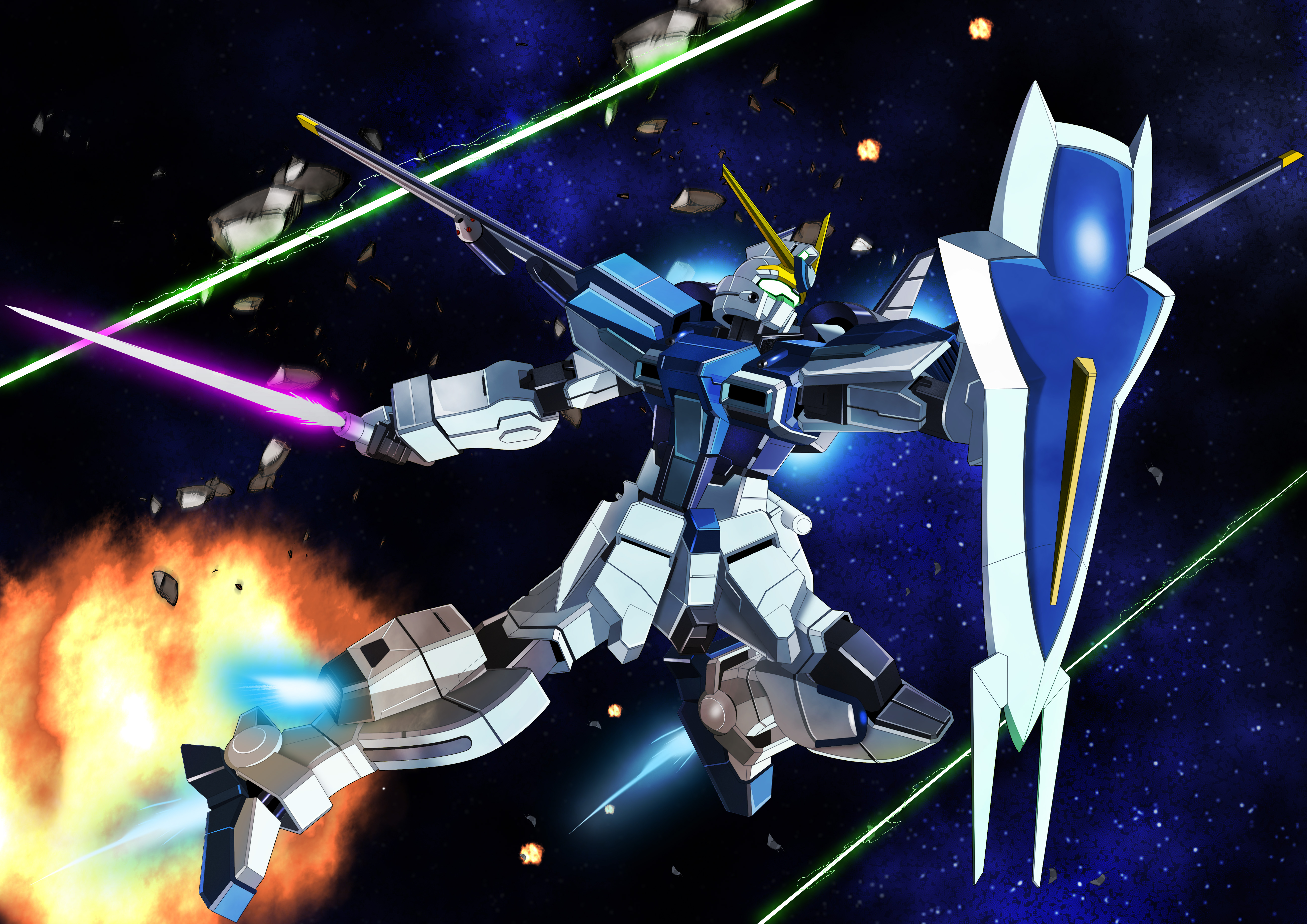 nagi (user dwyh2252), windam (gundam seed), gundam, gundam seed, gundam seed destiny, absurdres, commentary request, commission, highres, skeb commission, assault visor, energy beam, energy sword, explosion, green visor, holding, holding shield, holding sword, holding weapon, jetpack, mecha, mecha focus, mechanical wings, mobile suit, no humans, robot, science fiction, shield, solo, space, sword, thrusters, v-fin, weapon, wings