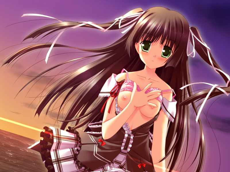 sakaki maki, kugenuma ayane, minna no uta, minna no uta ~everyone's song~, game cg, 1girl, bra, bra lift, breasts, brown hair, clothes lift, female focus, green eyes, lingerie, long hair, solo, twintails, underwear