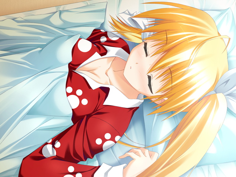 sakaki maki, fujisawa kyou, minna no uta, minna no uta ~everyone's song~, game cg, 1girl, bed, blonde hair, breasts, cleavage, female focus, pajamas, paw print, paw print pattern, pillow, print pajamas, sleeping, solo, twintails
