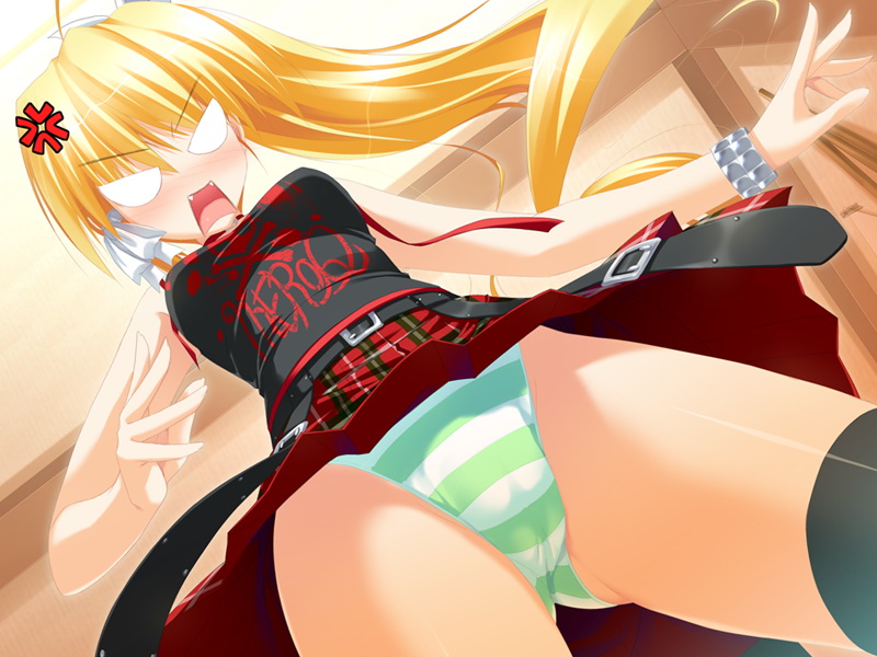 sakaki maki, fujisawa kyou, minna no uta, minna no uta ~everyone's song~, game cg, 1girl, anger vein, angry, belt, blonde hair, blush, fangs, female focus, from below, long hair, panties, solo, striped clothes, striped panties, thighhighs, underwear, upskirt