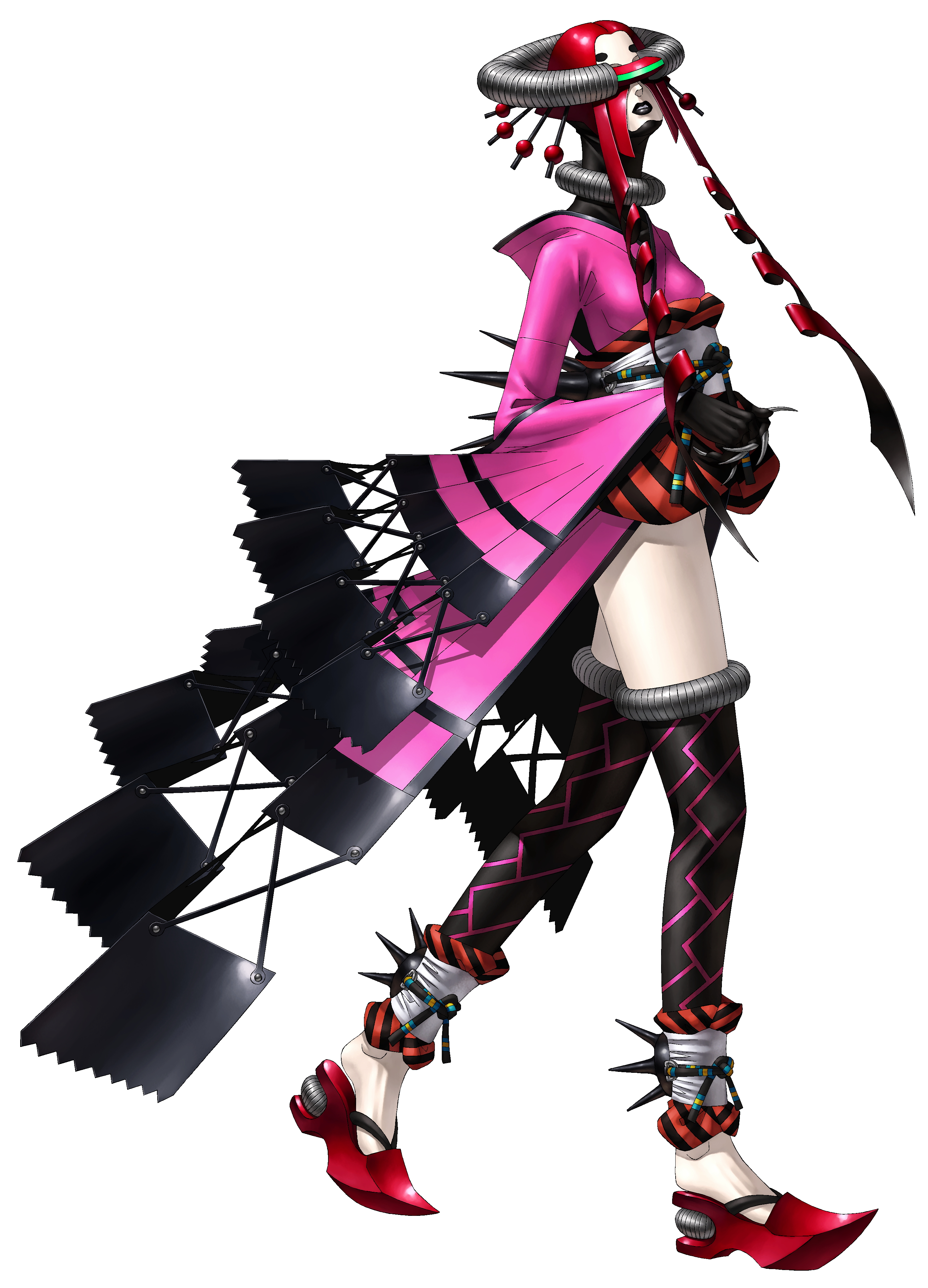 kazuma kaneko, persona, persona 2, absurdres, highres, official art, third-party source, 1girl, black lips, full body, head-mounted display, japanese clothes, long sleeves, maia (persona 2), persona (summon), pointy shoes, red hair, shoes, simple background, solo, spikes, thighhighs, transparent background, walking