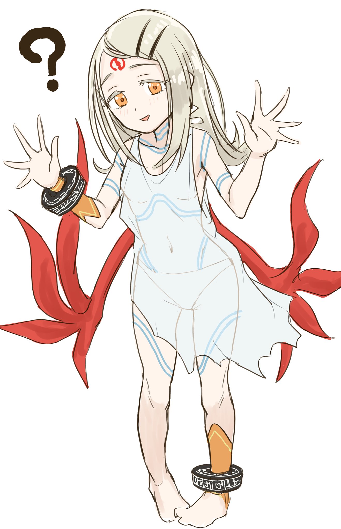 akiyama jomu, nina (breath of fire v), shinosawa hiro, breath of fire, breath of fire v, gakuen idolmaster, idolmaster, highres, 1girl, cosplay, dress, facial mark, full-body tattoo, full body, grey hair, hair ornament, hairclip, jewelry, long hair, looking at viewer, navel, open mouth, orange eyes, panties, red wings, see-through clothes, see-through dress, simple background, smile, solo, tattoo, underwear, white background, white dress, white panties, wings