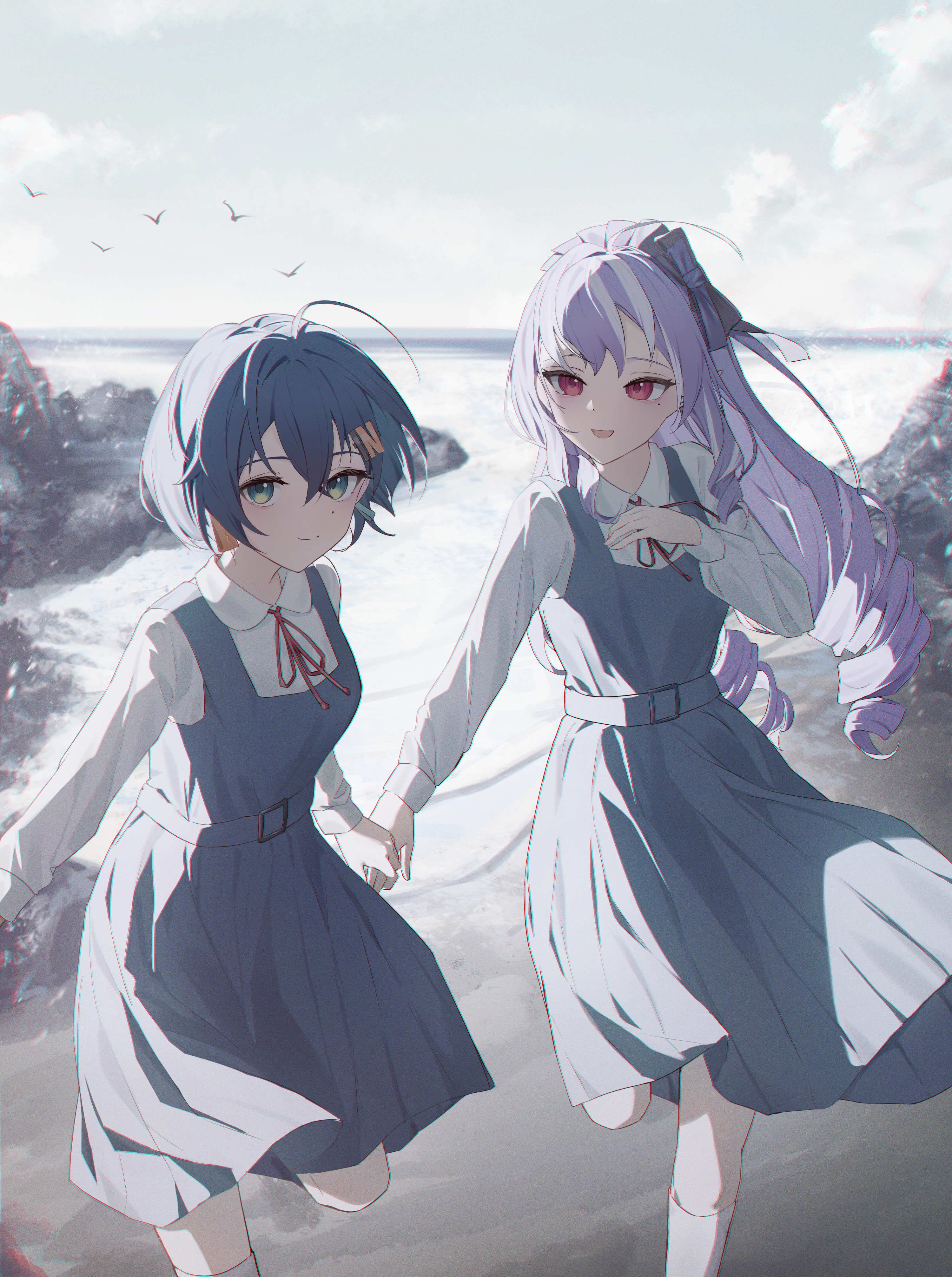 moonlightlight, belle (zenless zone zero), vivian banshee, zenless zone zero, absurdres, commentary, commentary request, highres, 2girls, :d, beach, blue eyes, bow, closed mouth, collared shirt, crossed bangs, day, double-parted bangs, dress, drill hair, green eyes, grey dress, grey eyes, grey sky, hair between eyes, hair bow, hair ornament, hand up, leg up, letter hair ornament, long bangs, looking at viewer, mole, mole under eye, multicolored eyes, multicolored hair, multiple girls, muted color, neck ribbon, ocean, open mouth, outdoors, pinafore dress, purple hair, red eyes, red ribbon, ribbon, running, school uniform, shirt, short hair, sky, sleeveless, sleeveless dress, smile, streaked hair, twin drills, twintails, two-tone eyes, white shirt