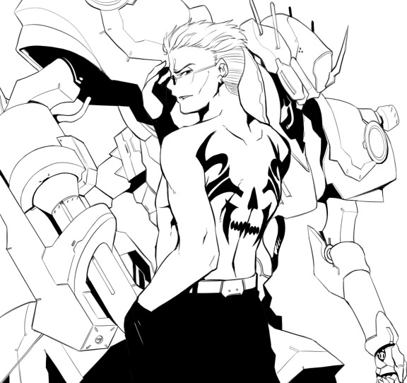 akinaie, do su, starka, armored core, armored core: for answer, fromsoftware, glasses, gun, male focus, mecha, monochrome, robot, tattoo, weapon