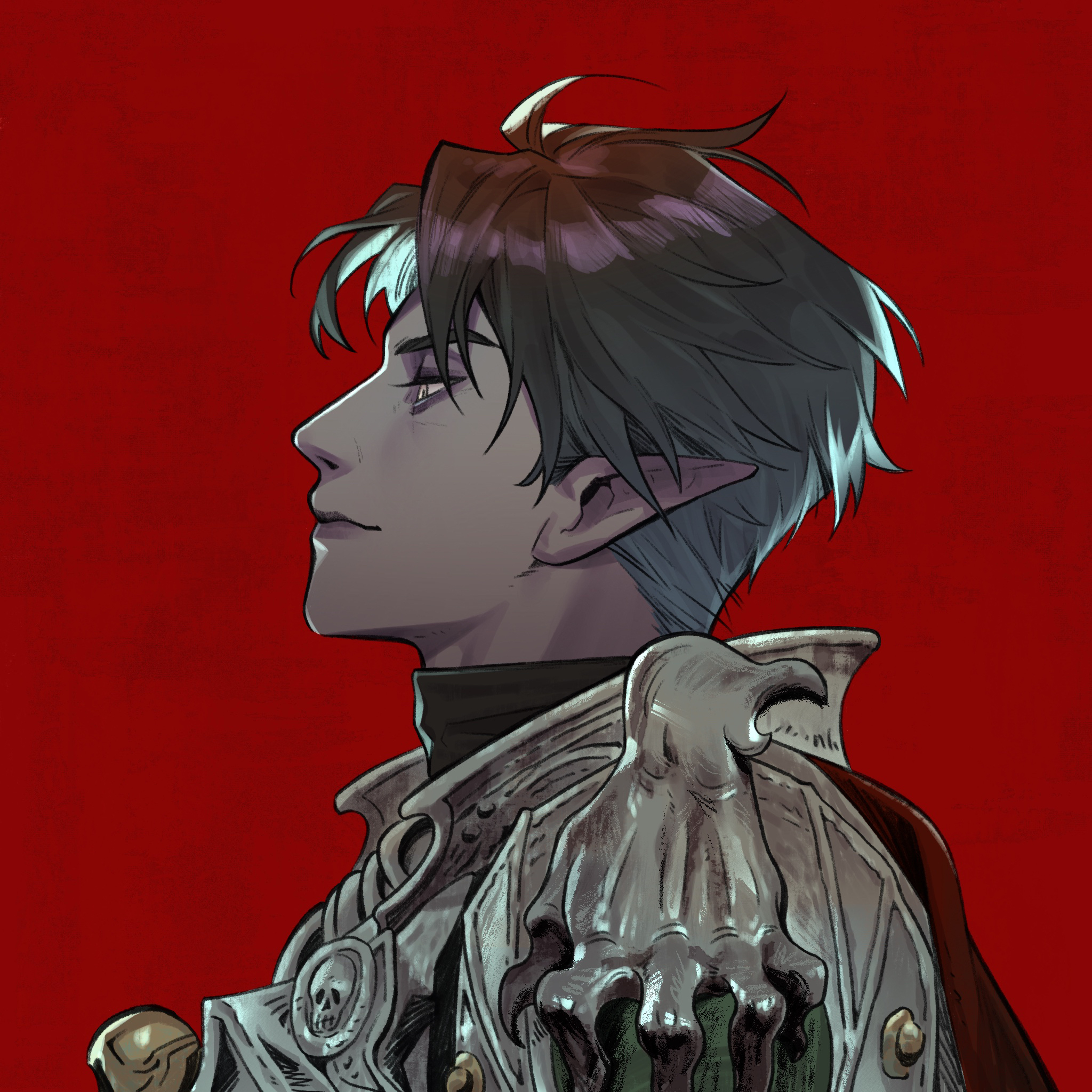 tav (baldur's gate), the dark urge (baldur's gate), baldur's gate, baldur's gate 3, dungeons & dragons, dungeons & dragons, chinese commentary, highres, procreate (medium), 1boy, armor, black hair, dark-skinned male, dark skin, elf, jingyu wang, pointy ears, portrait, profile, red background, short hair, solo