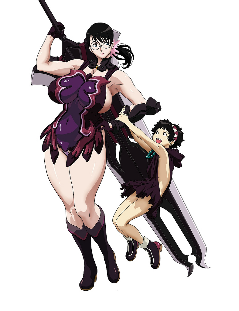 kaneko hiraku, cattleya (queen's blade), rana (queen's blade), weapon merchant cattleya, queen's blade, official art, 00s, 1boy, 1girl, age difference, black hair, boots, breasts, curvy, glasses, gloves, huge breasts, huge weapon, mature female, mother and son, navel, panties, plump, ponytail, sword, thick thighs, thighs, underwear, weapon