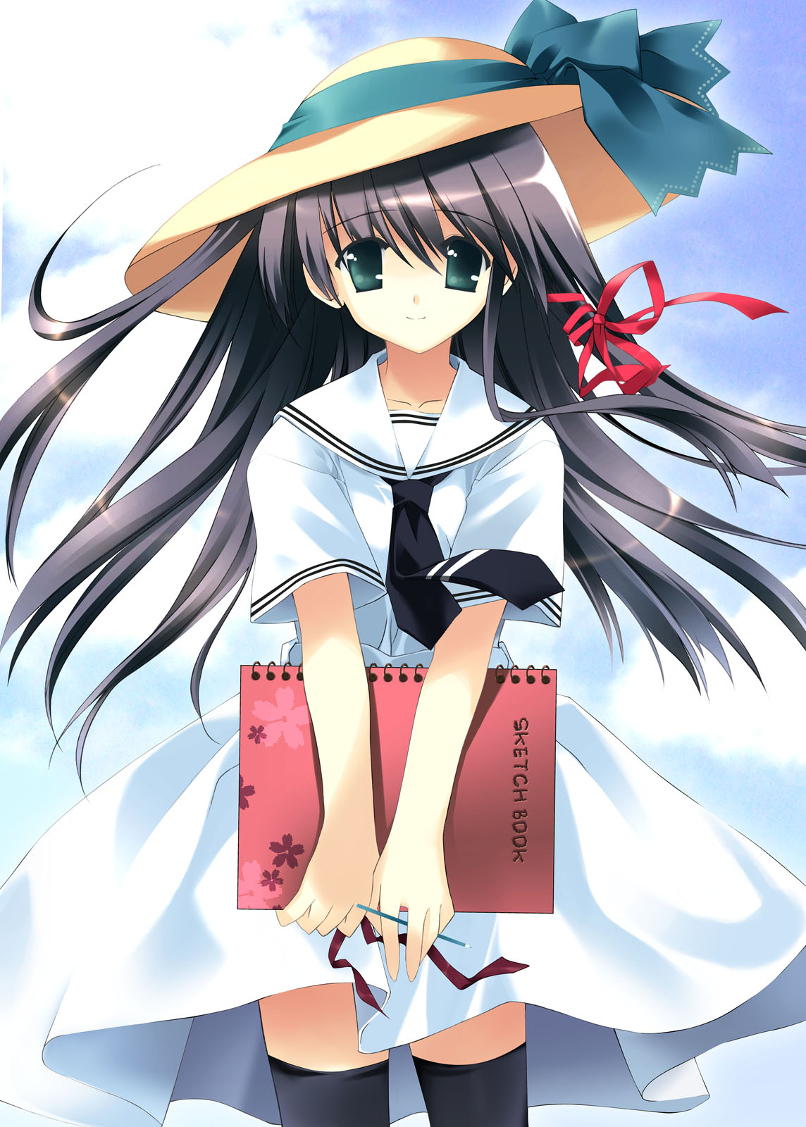 rei (artist), rei (rei's room), original, highres, 1girl, aqua eyes, black eyes, black hair, cloud, day, dress, female focus, hair ribbon, hat, long hair, necktie, pencil, ribbon, sailor dress, school uniform, sketchbook, sky, solo, sun hat, thighhighs, v arms, wind, wooden pencil