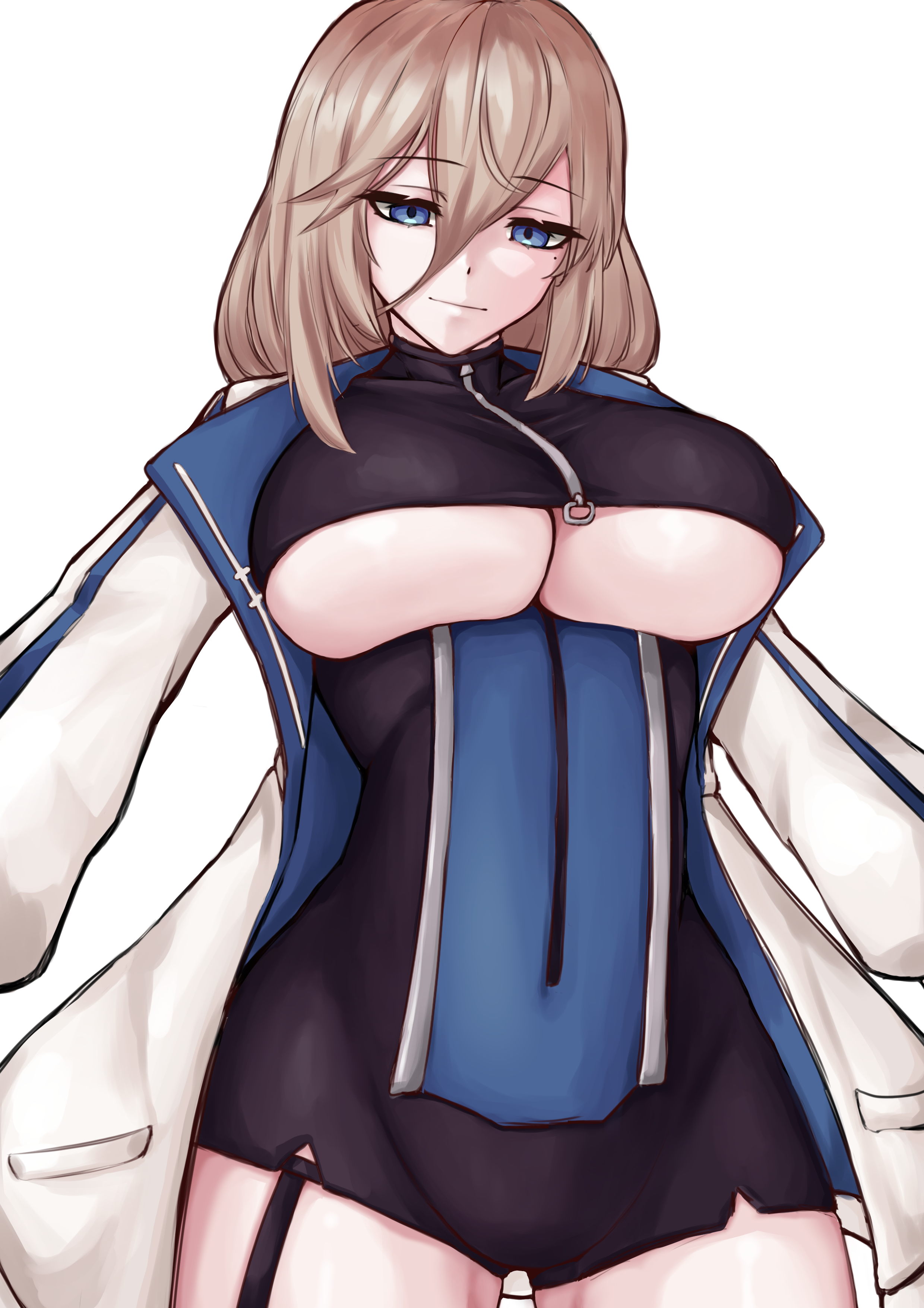 pyeong il, aponia, honkai (series), honkai impact 3rd, absurdres, commentary request, highres, korean commentary, 1girl, alternate costume, black unitard, blonde hair, blue eyes, breasts, coat, hair between eyes, large breasts, long hair, mole, mole under eye, simple background, solo, thighs, underboob, white background, white coat, zipper