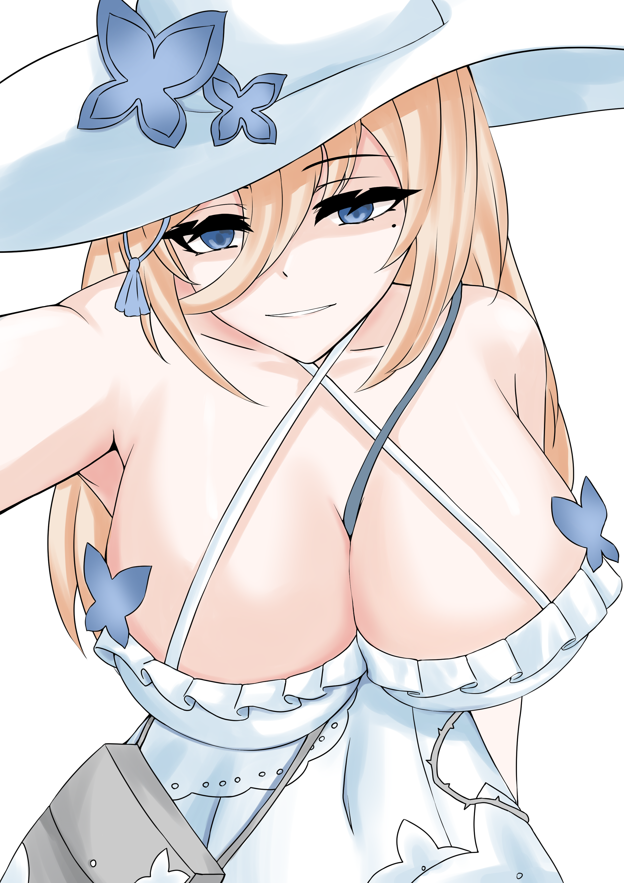 pyeong il, aponia, aponia (mesmerizing blue), honkai (series), honkai impact 3rd, absurdres, commentary request, highres, korean commentary, 1girl, bare shoulders, blonde hair, blue eyes, breasts, cleavage, dress, hat, kabedon, large breasts, long hair, looking at viewer, mole, mole under eye, official alternate costume, pov, simple background, smile, solo, sun hat, sundress, very long hair, white background, white dress, white hat