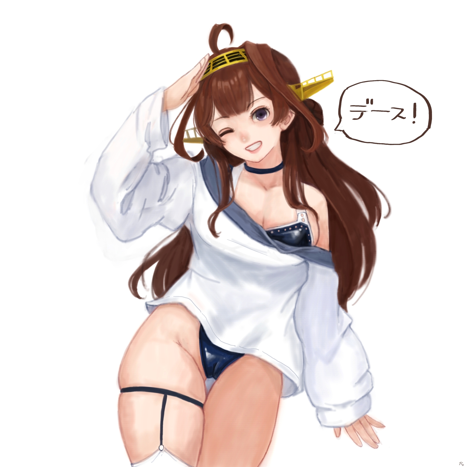 count0x00, dace (kancolle), kongou (kancolle), kantai collection, highres, 1girl, ahoge, black one-piece swimsuit, brown hair, cosplay, dace (kancolle) (cosplay), garter straps, grin, headgear, highleg, highleg one-piece swimsuit, long hair, one-piece swimsuit, purple eyes, salute, shirt, simple background, single garter strap, sleeves past wrists, smile, solo, swimsuit, swimsuit under clothes, white background, white shirt