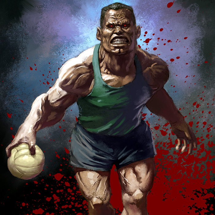 itou satoshi, kunio-kun series, nekketsu koukou dodgeball bu, 1boy, angry, ball, bare shoulders, black hair, blood, blood splatter, cosmetics, dark-skinned male, dark skin, dodgeball, glowing, glowing eyes, looking at viewer, male focus, manly, muscular, realistic, red eyes, shorts, solo, tank top, teeth, you gonna get raped