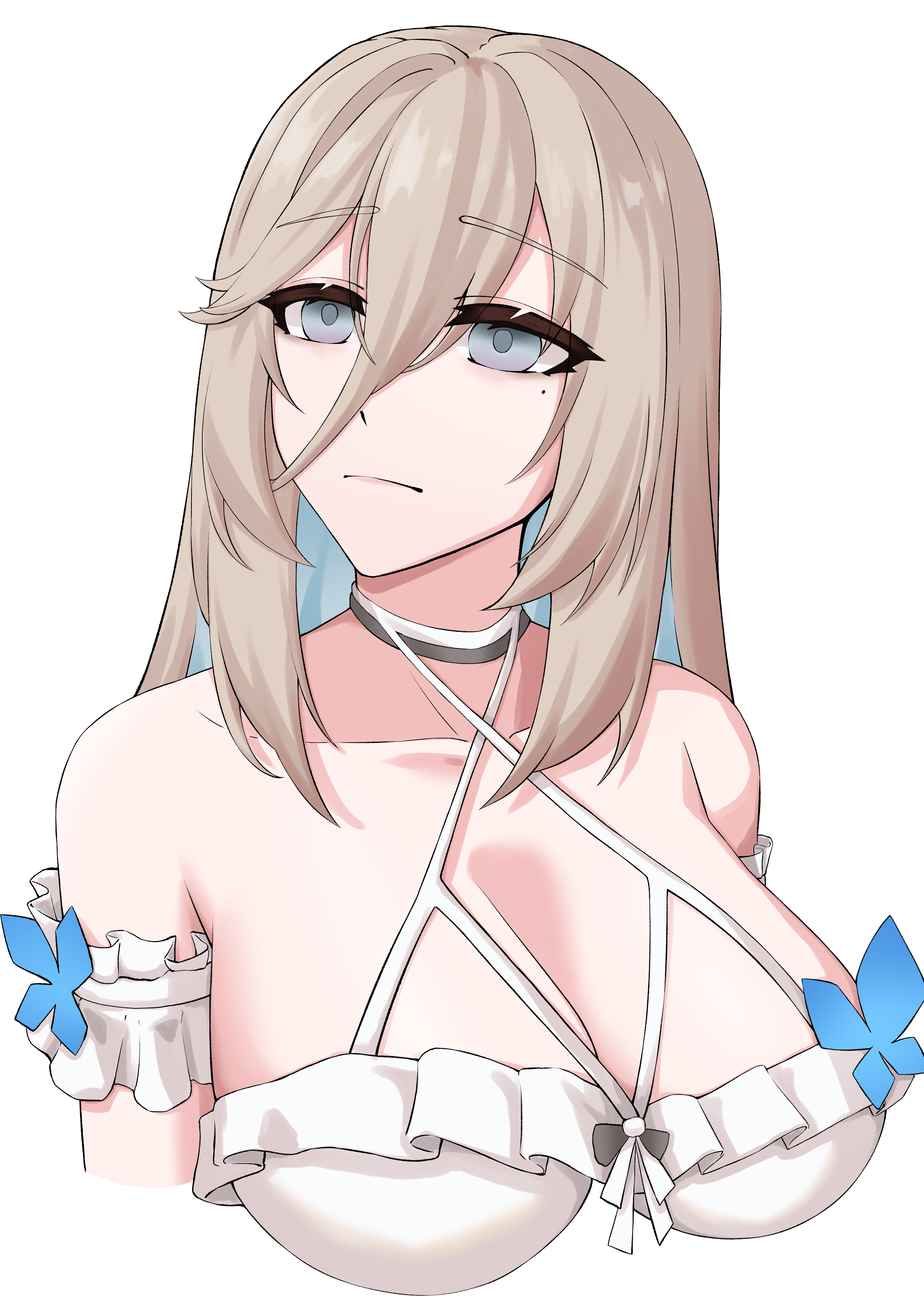 pyeong il, aponia, aponia (mesmerizing blue), honkai (series), honkai impact 3rd, absurdres, commentary request, highres, korean commentary, 1girl, bare shoulders, blonde hair, blue eyes, breasts, cleavage, cropped torso, dress, hair between eyes, large breasts, long hair, mole, mole under eye, official alternate costume, simple background, solo, very long hair, white background, white dress
