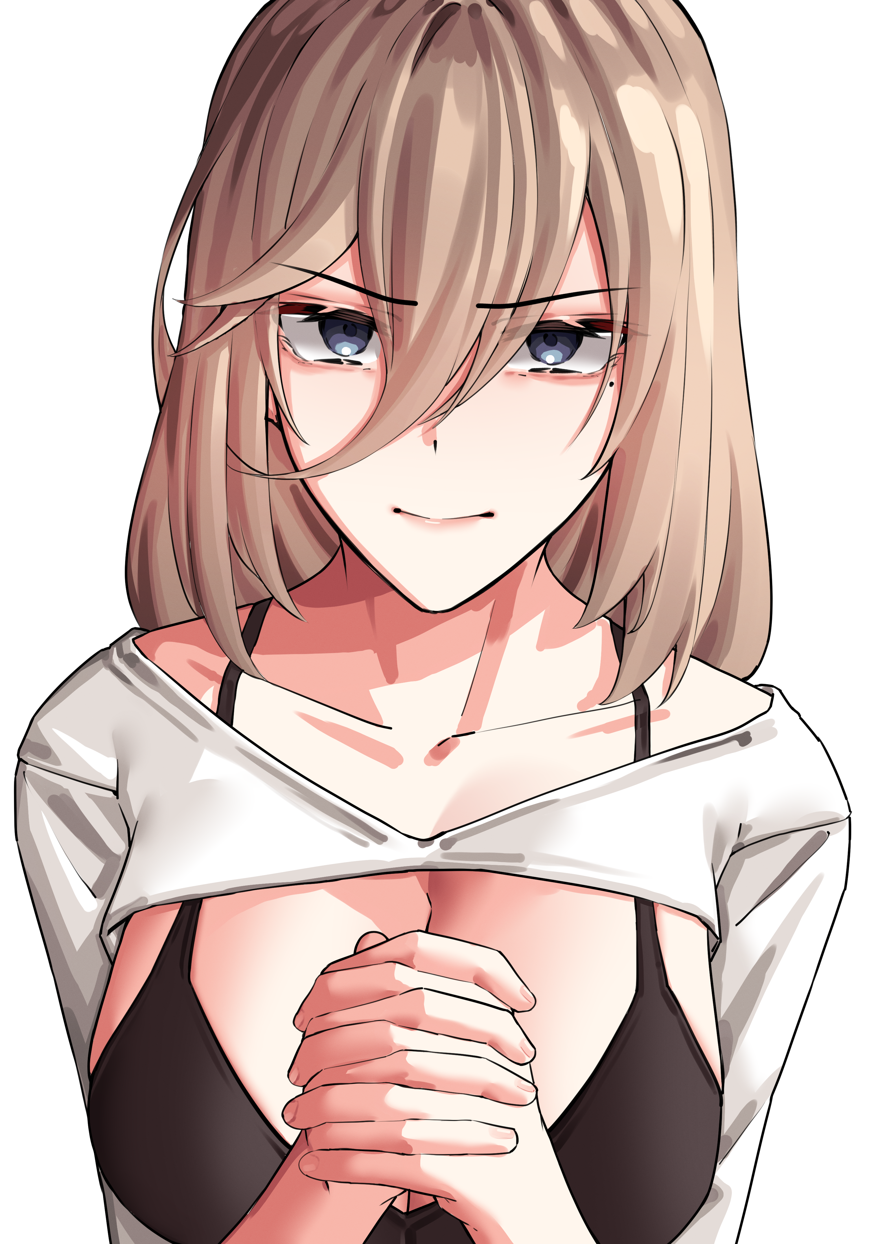 pyeong il, aponia, honkai (series), honkai impact 3rd, absurdres, commentary request, highres, korean commentary, 1girl, black bra, blonde hair, blue eyes, bra, breasts, collarbone, hair between eyes, large breasts, looking at viewer, mole, mole under eye, own hands together, shirt, simple background, solo, underwear, upper body, white background, white shirt