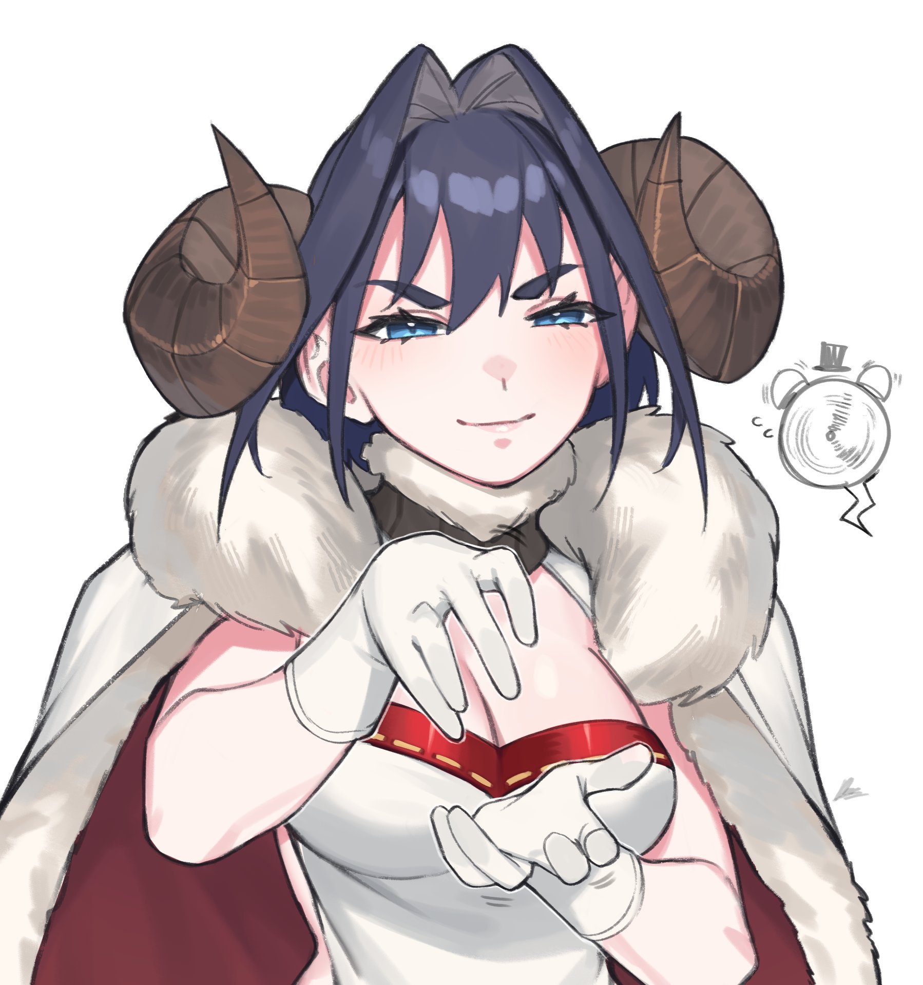 dasdokter, anila (granblue fantasy), kronie (ouro kronii), ouro kronii, granblue fantasy, granblue fantasy versus: rising, hololive, hololive english, highres, 1girl, anila (granblue fantasy) (cosplay), bare shoulders, blue eyes, blue hair, breasts, cleavage, coat, cosplay, gloves, hair intakes, horns, looking at viewer, sheep horns, short hair, smirk, solo, upper body, virtual youtuber, white gloves