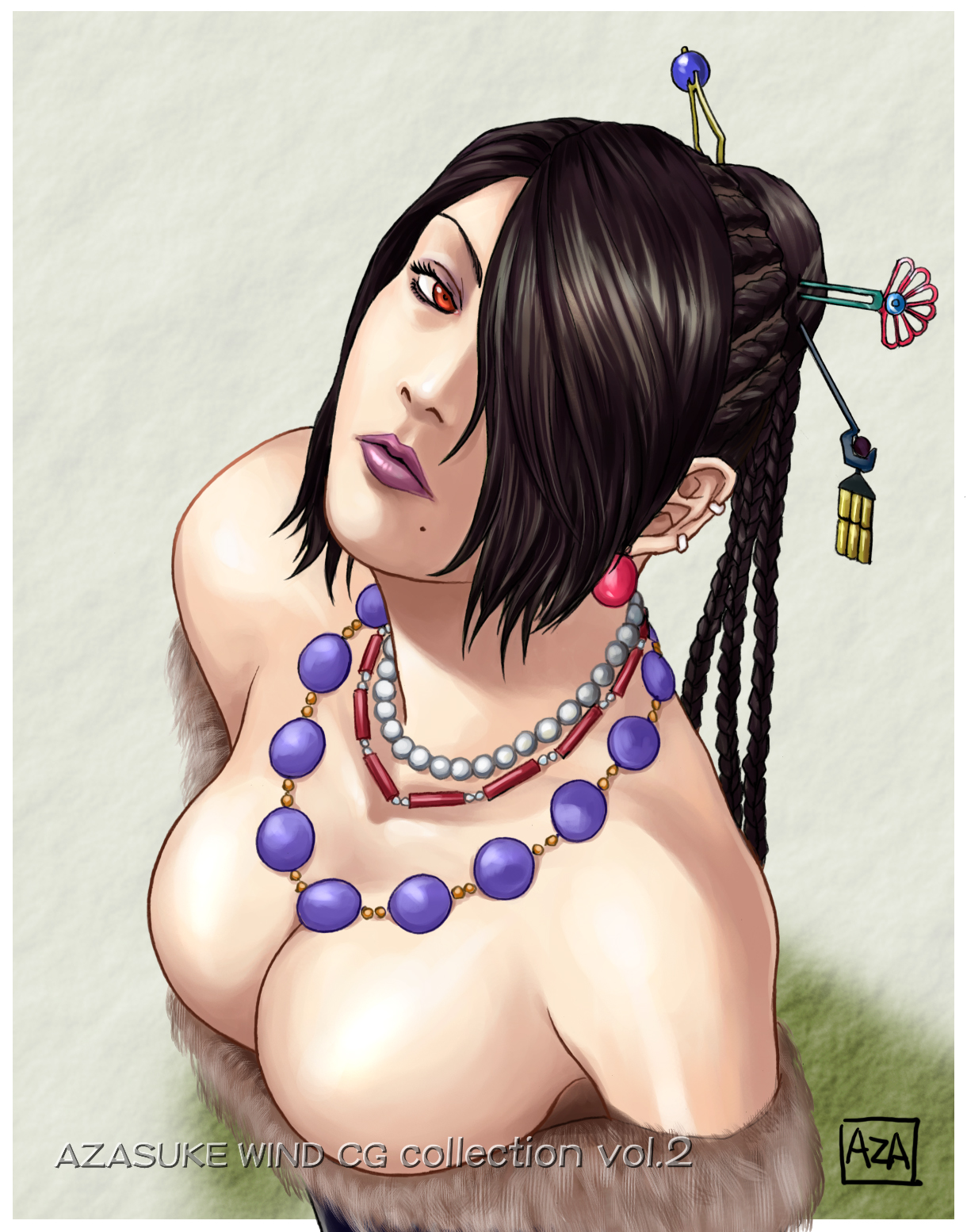 azasuke, lulu (ff10), final fantasy, final fantasy x, highres, 00s, 1girl, bare shoulders, black hair, braid, breasts, earrings, female focus, hair over one eye, jewelry, large breasts, long hair, necklace, red eyes, solo