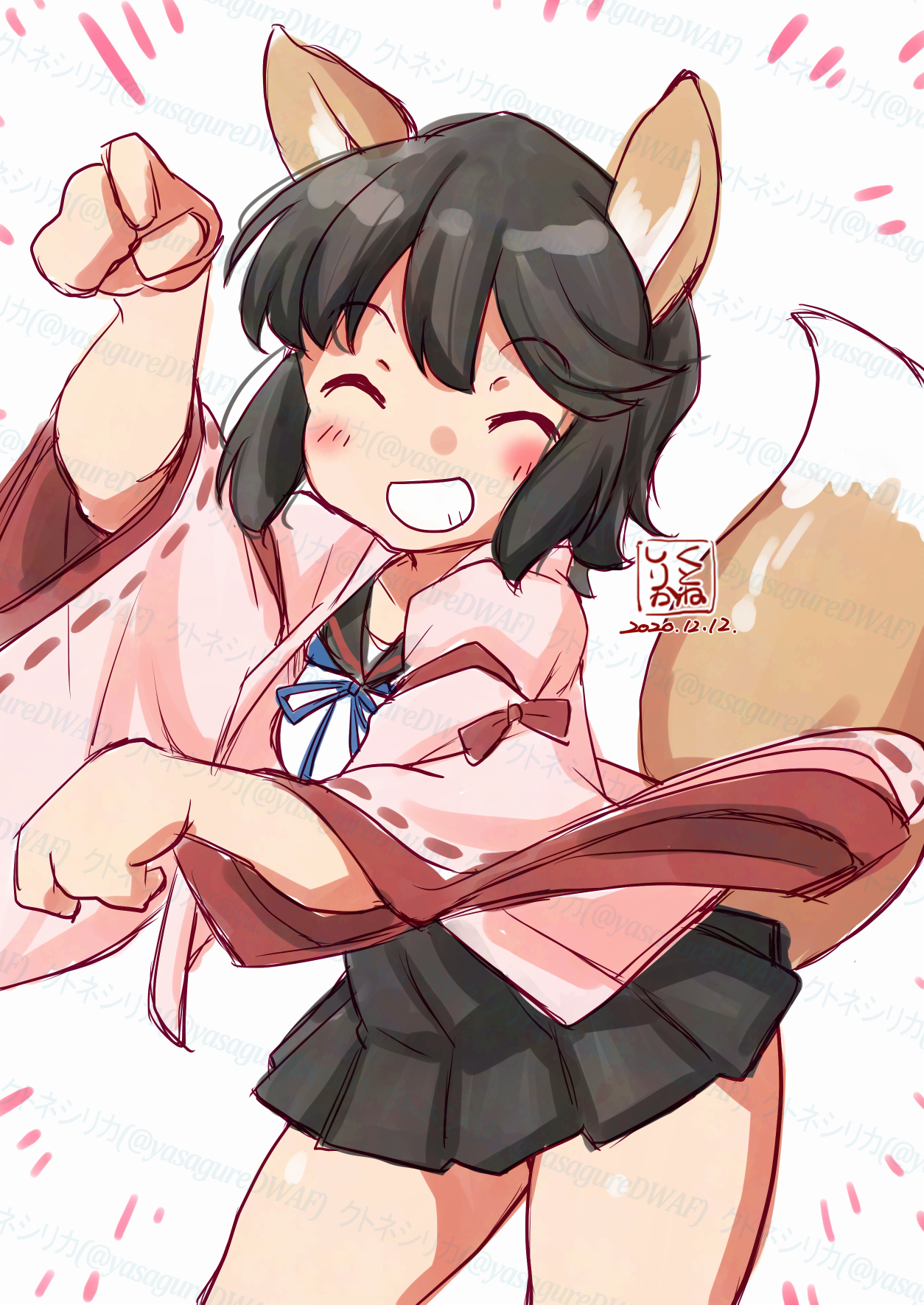 kutone shirika, miyuki (kancolle), miyuki kai ni (kancolle), kantai collection, commentary request, highres, 1girl, animal ears, artist logo, black hair, black sailor collar, black skirt, blue neckerchief, closed eyes, dated, fox ears, fox tail, grin, haori, japanese clothes, kitsune dance, logo, neckerchief, paw pose, pink haori, pleated skirt, sailor collar, school uniform, serafuku, shirt, short hair, skirt, smile, solo, tail, white background, white shirt