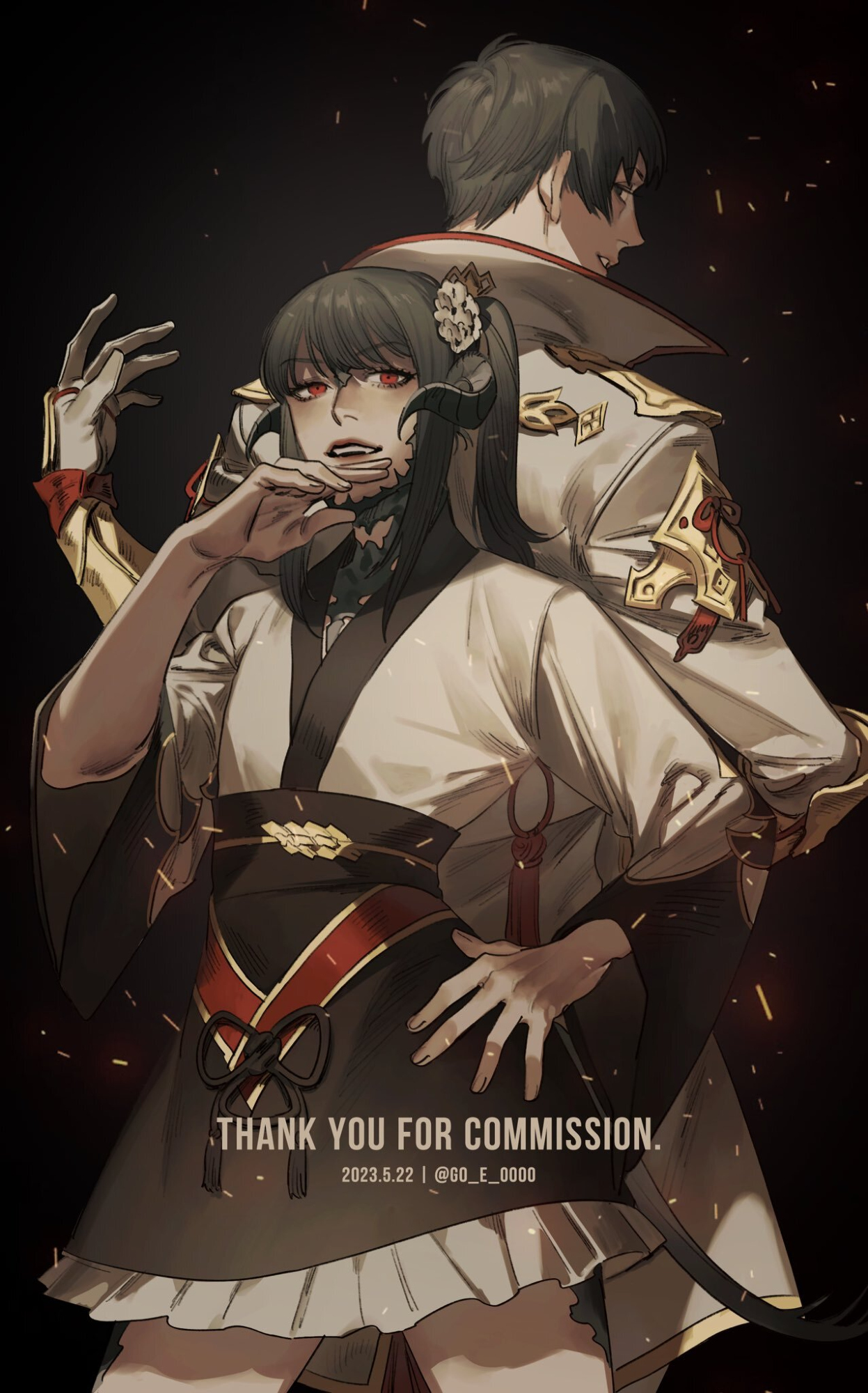 go e 0000, asahi sas brutus, final fantasy, final fantasy xiv, commission, commissioner upload, highres, skeb commission, 1boy, 1other, armor, au ra, back-to-back, black hair, black horns, black scales, black tail, dragon horns, flower, gloves, hair flower, hair ornament, high ponytail, horns, hyur, izumi tol amulius, japanese armor, japanese clothes, kimono, long hair, open mouth, ponytail, red trim, scales, short hair, simple background, smile, yukata