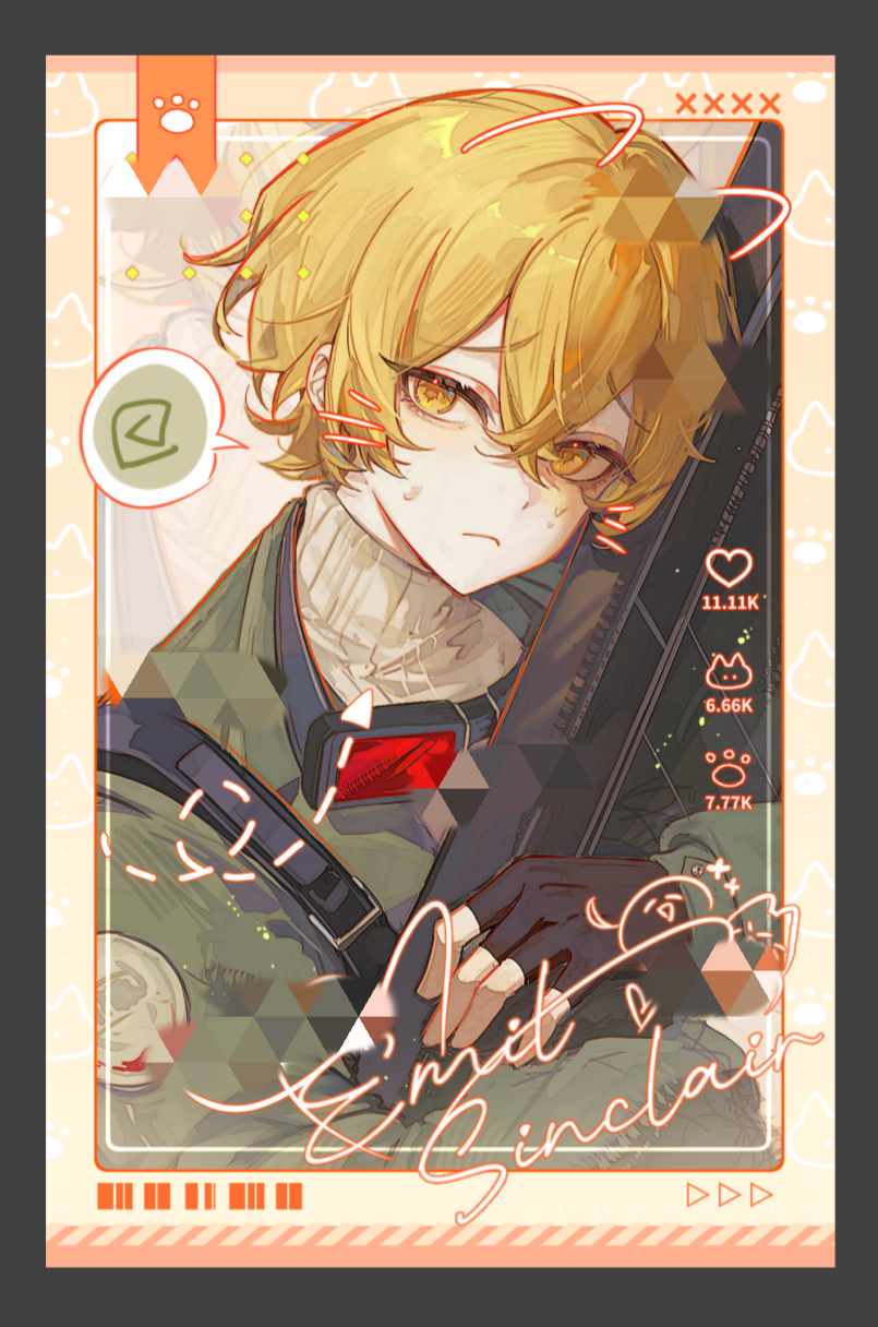 asyker, sinclair (project moon), limbus company, project moon, social network, highres, 1boy, black gloves, blonde hair, character name, closed mouth, drawn ears, drawn whiskers, fingerless gloves, full-stop office (identity) (project moon), gloves, goggles, goggles around neck, green jacket, gun, hair between eyes, holding, holding gun, holding weapon, jacket, long sleeves, looking at viewer, male focus, short hair, solo, spoken squiggle, squiggle, sweater, turtleneck, turtleneck sweater, upper body, weapon, white sweater, yellow eyes