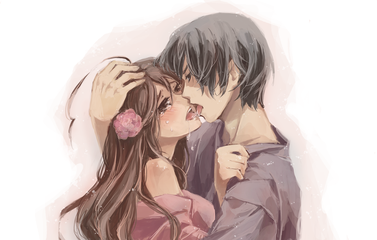 moti2800, japan (hetalia), taiwan (hetalia), axis powers hetalia, bad id, bad pixiv id, 00s, 1boy, 1girl, ahoge, bare shoulders, black hair, blush, brown eyes, brown hair, couple, flower, hair flower, hair ornament, hetero, holding, hug, japanese clothes, kiss, long hair, open mouth, plum blossoms, short hair, tears