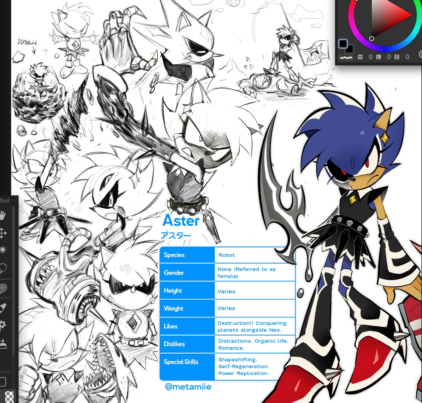 metamiie, metal sonic, neo metal sonic, original, sonic (series), aster (metamiie), boots, claws, english text, father and daughter, high heel boots, high heels, if they mated, liquid metal, liquid weapon, reference sheet, robot, skirt