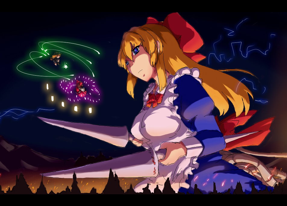 magukappu, goliath doll, hakurei reimu, kirisame marisa, shanghai doll, touhou, 3girls, battle, blonde hair, blue eyes, bow, breasts, danmaku, dual wielding, female focus, giant, giantess, hair bow, holding, lance, multiple girls, outdoors, polearm, spear, weapon