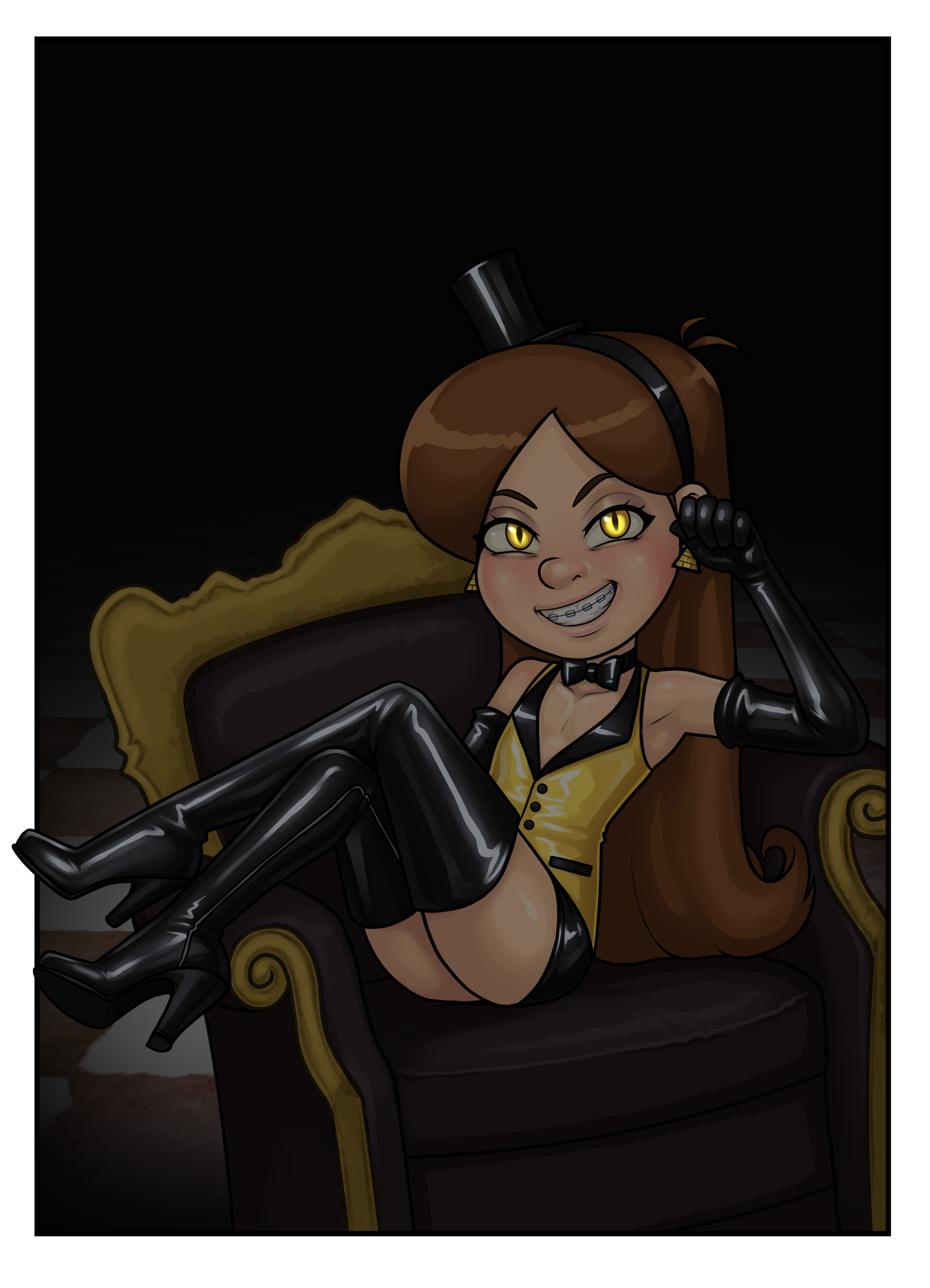 aaaninja, bill cipher, mabel pines, disney, gravity falls, boots, elbow gloves, flat chest, gloves, glowing, glowing eyes, grin, hat, high heel boots, high heels, long hair, possessed, possession, smile, thigh boots, thighhighs, top hat, yellow eyes