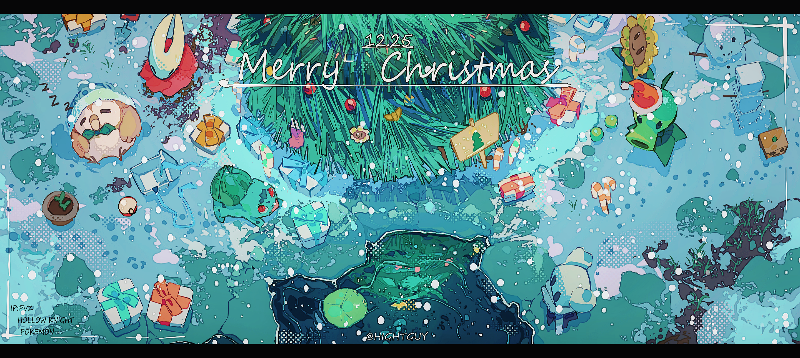 hightguy, bulbasaur, hornet (hollow knight), knight (hollow knight), lily pad (plants vs. zombies), peashooter (plants vs. zombies), rowlet, sunflower (plants vs. zombies), hollow knight, nintendo, plants vs. zombies, pokemon, commentary, highres, symbol-only commentary, 1girl, 1other, artist name, bird, black eyes, candy, candy cane, christmas ornaments, christmas present, christmas stocking, christmas tree, cloak, closed eyes, closed mouth, copyright name, crossover, dated, film grain, flower, food, from above, full body, fur-trimmed headwear, fur trim, gen 1 pokemon, gen 7 pokemon, gift, halftone, halftone background, hat, hollow eyes, horned mask, letterboxed, lily pad, looking at another, looking up, mask, merry christmas, multiple crossover, open mouth, outdoors, pokemon (creature), pom pom (clothes), red cloak, red hat, santa hat, scarf, shovel, siblings, sign, smile, snowing, snowman, solid oval eyes, standing, sunflower, tree, viewfinder, water, white mask, white scarf, zzz