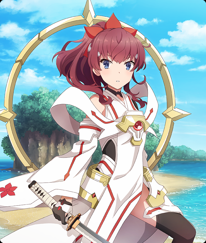 konohana suzuka, miyoshi karin, toji no miko, toji no miko: kizamishi issen no tomoshibi, yuuki yuuna wa yuusha de aru, yuusha de aru, game cg, official art, third-party source, 1girl, bare shoulders, beach, black gloves, black thighhighs, blue hair, blue sky, cloud, cosplay, cowboy shot, day, detached sleeves, dot nose, gem, gloves, hairband, high ponytail, holding, holding sword, holding weapon, katana, looking at viewer, magical girl, mankai, medium hair, miyoshi karin (cosplay), multicolored gloves, ocean, outdoors, parted lips, pelvic curtain, ponytail, red gemstone, red hair, red hairband, sidelocks, sky, solo, sword, thighhighs, two-tone gloves, uneven footing, weapon, white gloves, white sleeves