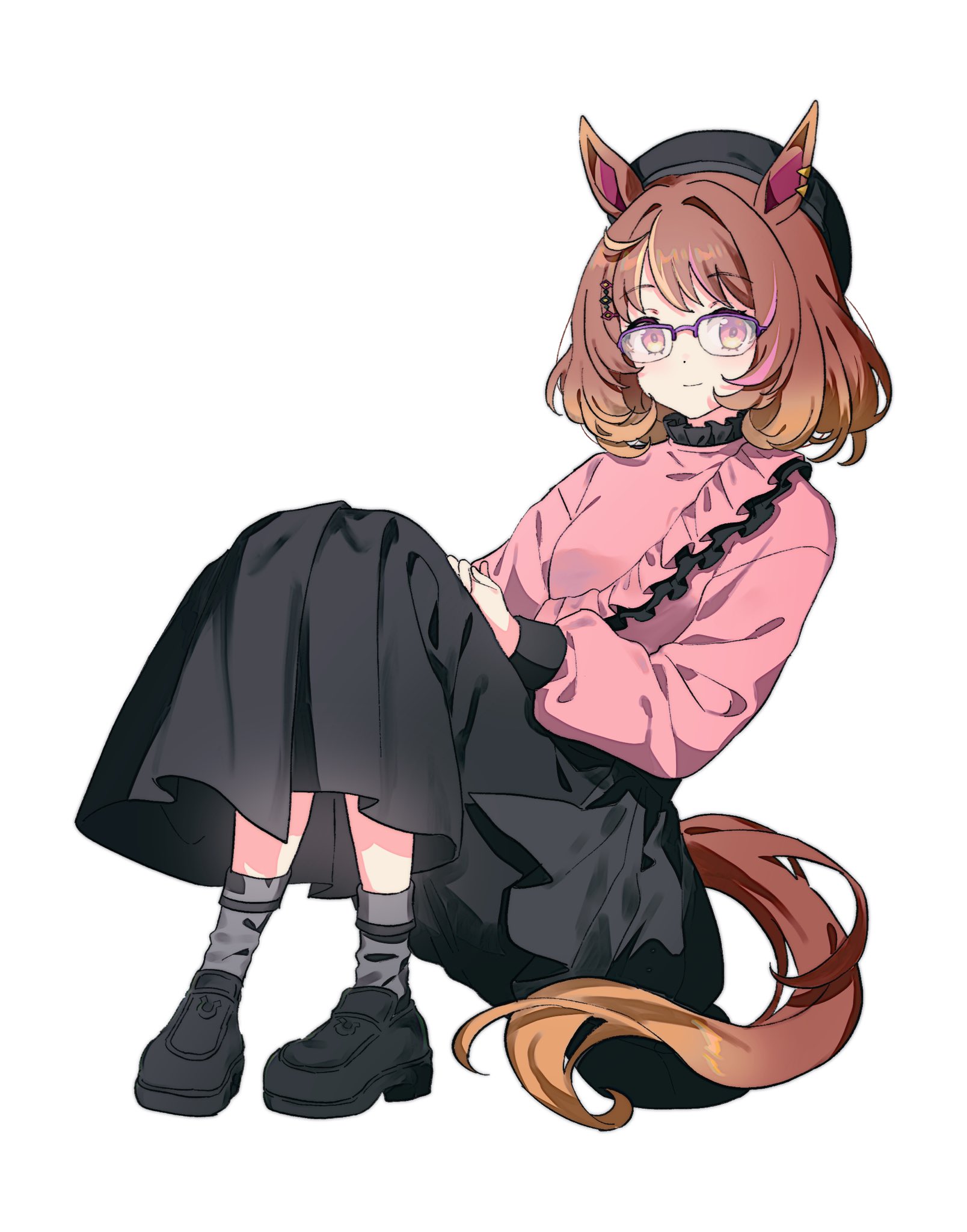 migolu, north flight (umamusume), umamusume, commentary request, highres, 1girl, animal ears, beret, breasts, brown eyes, brown hair, casual, closed mouth, full body, glasses, hair between eyes, hair ornament, hairclip, hat, horse ears, horse girl, horse tail, looking at viewer, medium breasts, medium hair, shoes, smile, solo, tail, white background