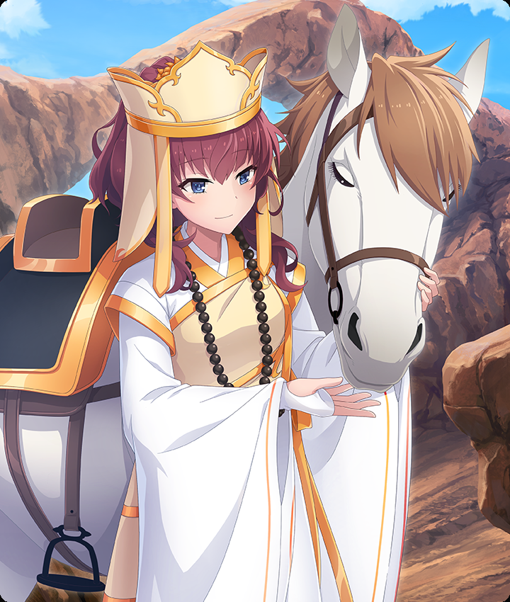 konohana suzuka, shidou maki (toji no miko), tang sanzang, yulong (journey to the west), journey to the west, toji no miko, toji no miko: kizamishi issen no tomoshibi, game cg, official art, third-party source, 1girl, animal, animalization, bead necklace, beads, blue eyes, blue sky, blush, brown hair, closed eyes, closed mouth, cloud, cosplay, cowboy shot, day, dot nose, fingerless gloves, gloves, hat, horse, jewelry, necklace, outdoors, petting, prayer beads, red hair, reins, robe, rock, saddle, sky, smile, stirrups (riding), tang sanzang (cosplay), white gloves, white horse, white robe, wide sleeves, yellow hat