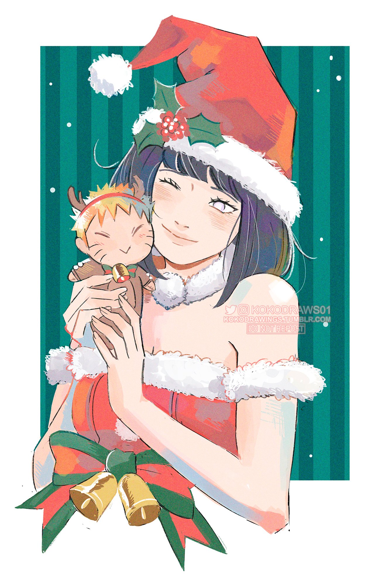 kokodrawings, hyuuga hinata, uzumaki naruto, boruto: naruto next generations, naruto (series), commentary, english commentary, highres, 1girl, animal costume, artist name, bare shoulders, black hair, character doll, cropped torso, doll, dress, hat, holding, holding doll, one eye closed, red dress, red hat, reindeer costume, santa costume, santa dress, santa hat, short hair, smile, solo, strapless, strapless dress, upper body
