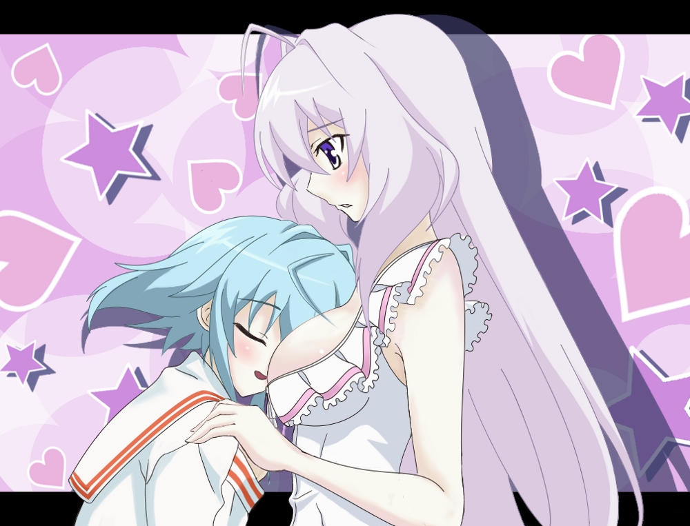 kudamatu, ichinose yumiko cristina, morishita koyomi, yoku wakaru gendai mahou, 00s, 2girls, between breasts, blue hair, breast smother, breasts, closed eyes, head between breasts, large breasts, long hair, multiple girls, pink hair, purple eyes, short hair, yuri