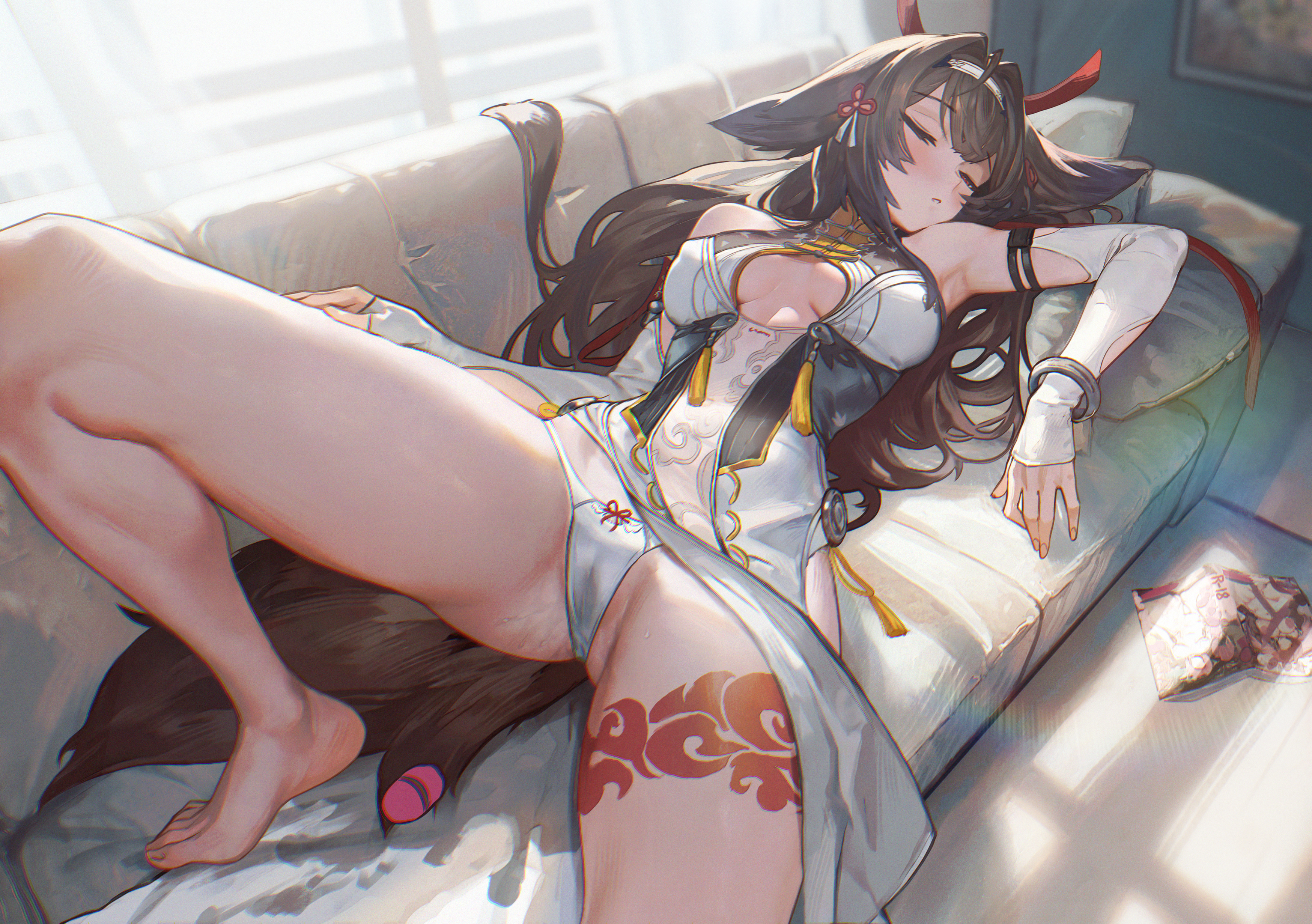 kryp132, ye shunguang, zenless zone zero, absurdres, commentary, highres, 1girl, after masturbation, animal ears, breasts, brown hair, brown tail, china dress, chinese clothes, clothing aside, couch, detached sleeves, dress, egg vibrator, fox ears, fox girl, fox tail, hairband, indoors, leg tattoo, long hair, manga (object), medium breasts, on couch, panties, pelvic curtain, pelvic curtain aside, pornography, pussy juice stain, sex toy, side-tie panties, sleeping, solo, tail, tattoo, underwear, vibrator, white hairband