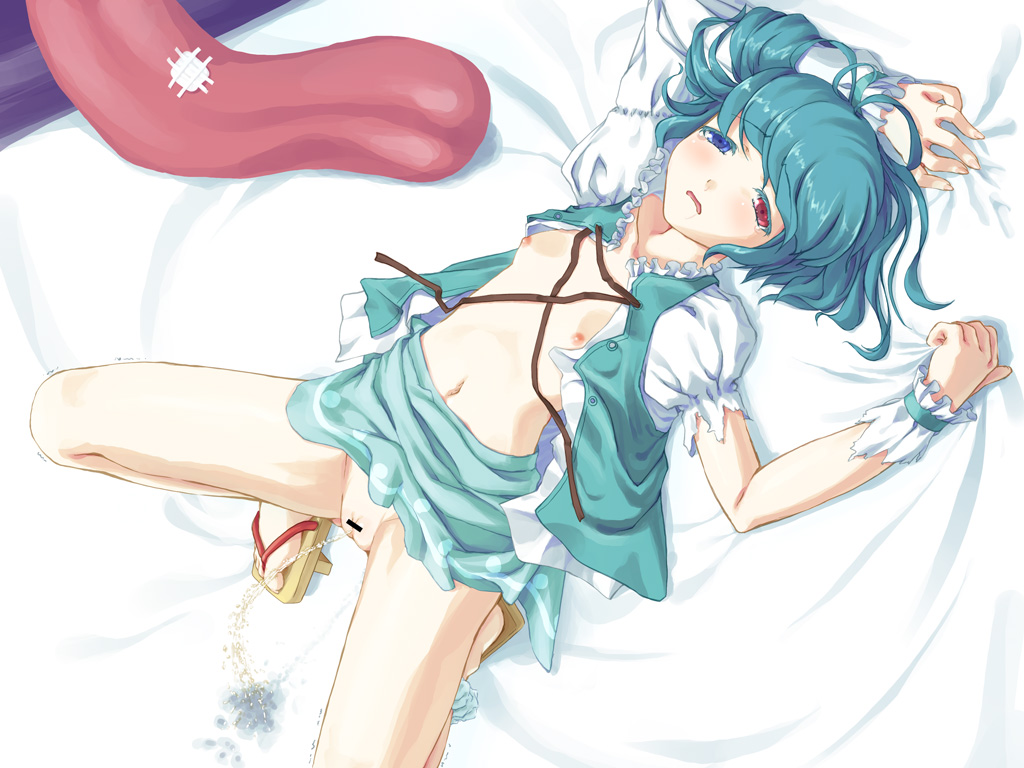 yousisi, yuushishi, tatara kogasa, touhou, 1girl, aqua hair, bandaid, blue eyes, censored, colored eyelashes, eyelashes, female focus, flat chest, geta, heterochromia, karakasa obake, nipples, pee, peeing, peeing self, pointless censoring, pussy, red eyes, sandals, short hair, solo, spread legs, tongue, torn clothes, umbrella