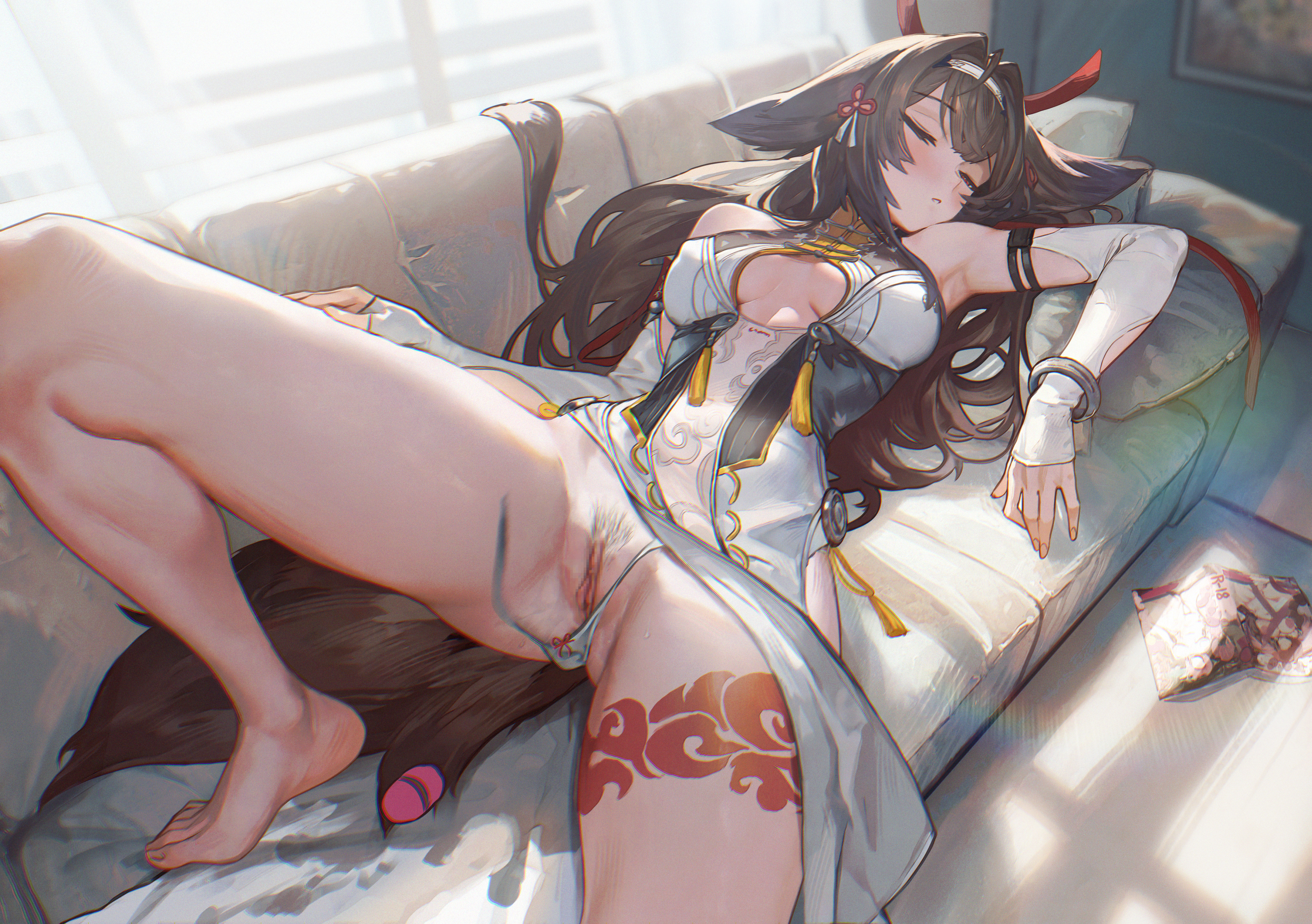 kryp132, ye shunguang, zenless zone zero, absurdres, commentary, highres, 1girl, accidental exposure, after masturbation, animal ears, breasts, brown hair, brown tail, china dress, chinese clothes, clothing aside, couch, detached sleeves, dress, egg vibrator, female pubic hair, fox ears, fox girl, fox tail, hairband, indoors, leg tattoo, long hair, manga (object), medium breasts, on couch, panties, pelvic curtain, pelvic curtain aside, pornography, pubic hair, pussy, pussy juice stain, sex toy, side-tie panties, sleeping, solo, tail, tattoo, uncensored, underwear, untied panties, vibrator, white hairband